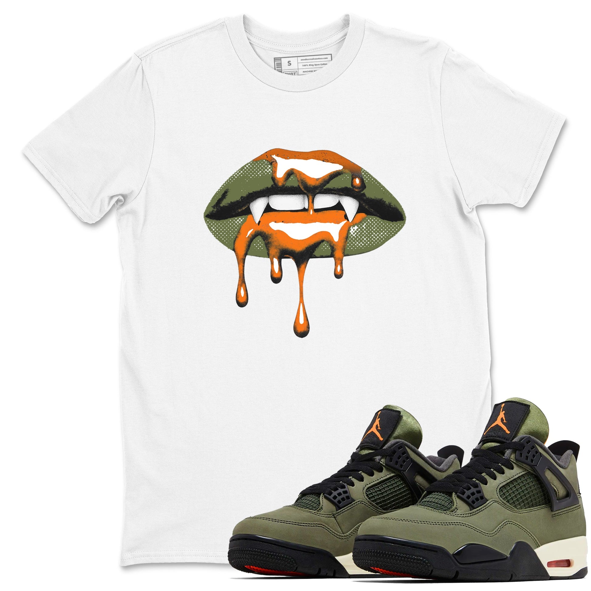 Sneaker match tees – Sneaker Threads To Match Air Jordan 4 OG Olive Shoes, Air Jordan 4 OG Olive – Vampire Lips Tee White 1