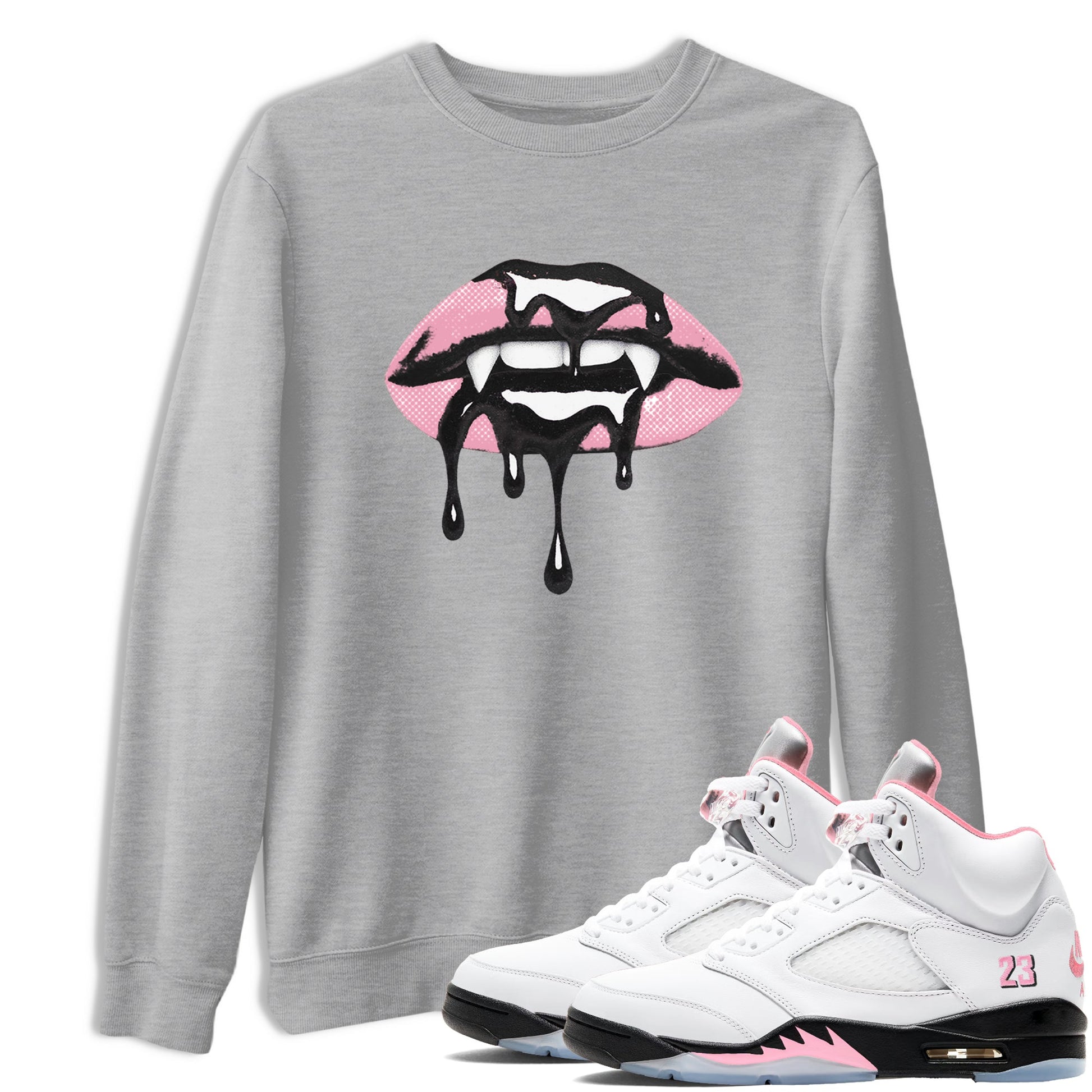 Sneaker match tees – Sneaker Tees To Match Air Jordan 5 Medium Soft Pink Shoes – Vampire Lips Tee Heather Grey 1