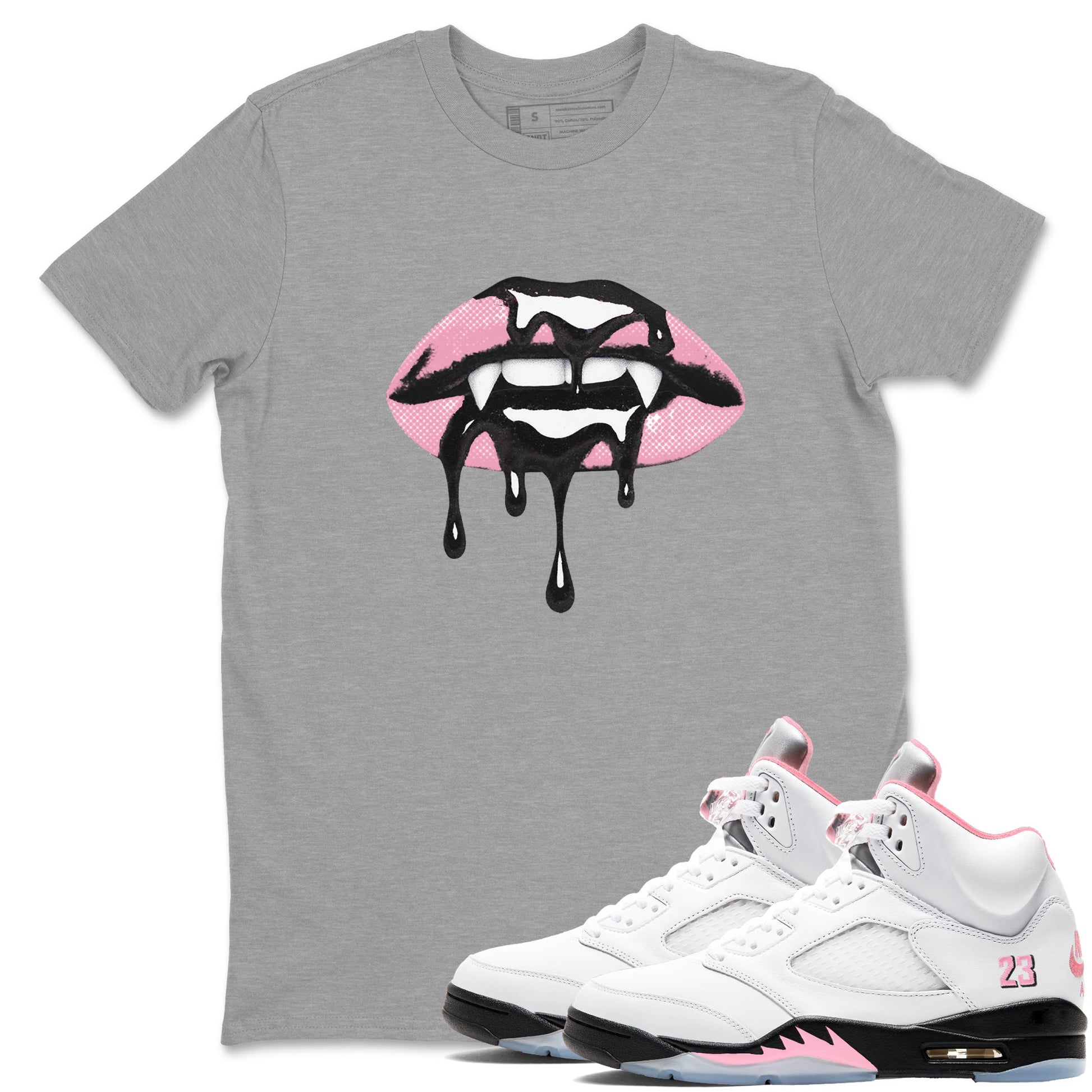 Sneaker match tees – Sneaker Tees To Match Air Jordan 5 Medium Soft Pink Shoes – Vampire Lips Tee Heather Grey 1