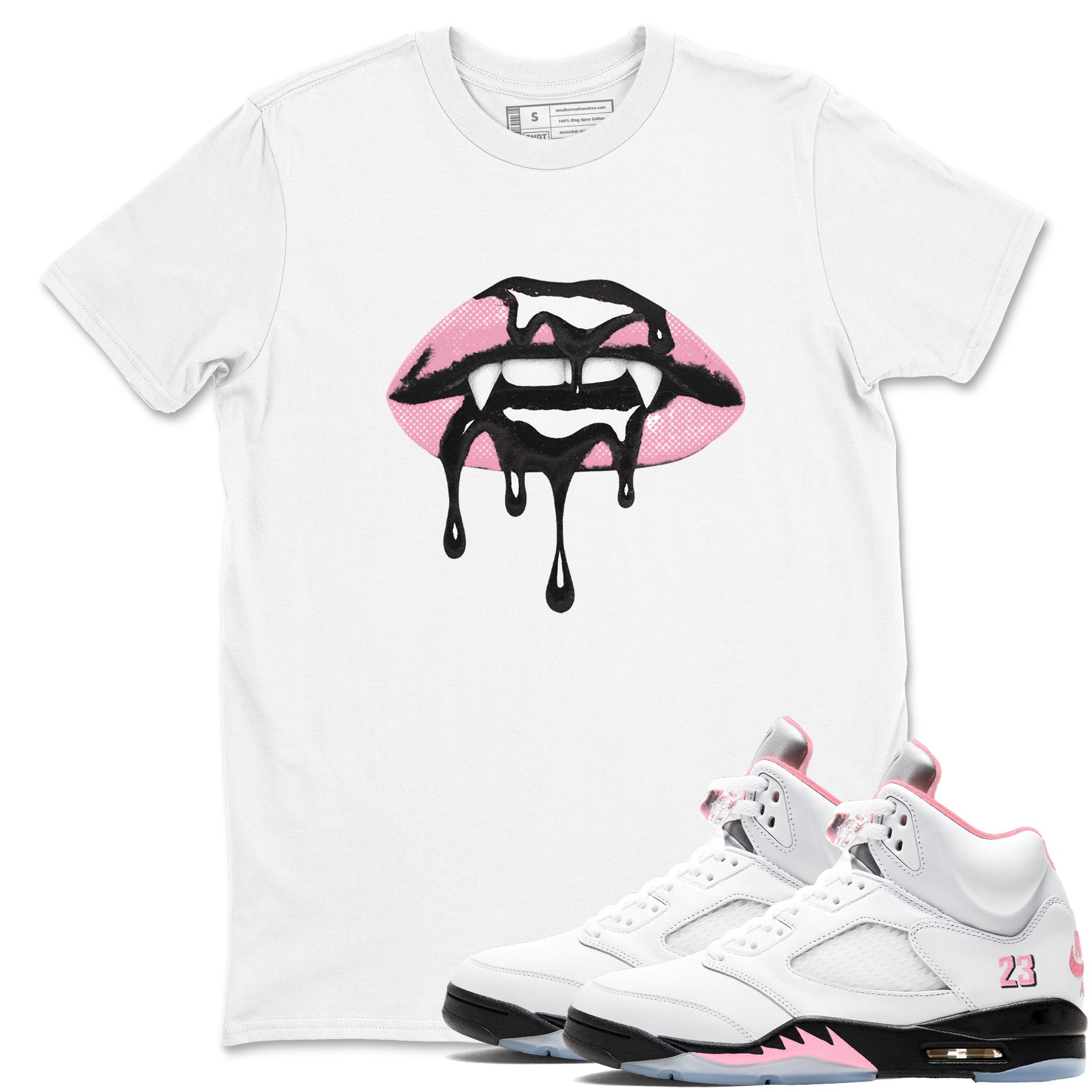 Sneaker match tees – Sneaker Tees To Match Air Jordan 5 Medium Soft Pink Shoes – Vampire Lips Tee White 1