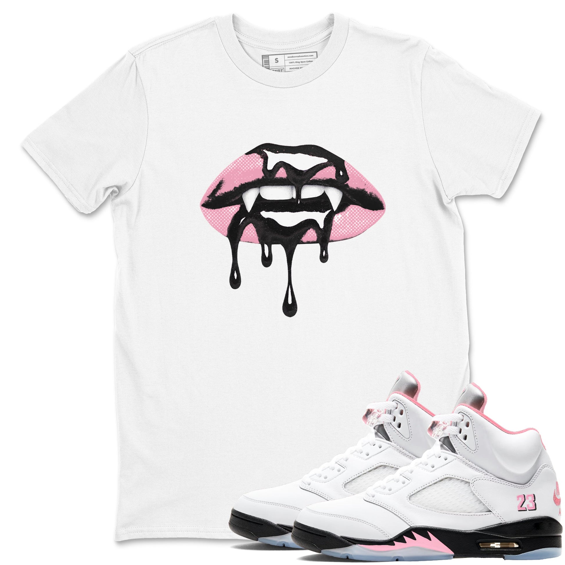 Sneaker match tees – Sneaker Tees To Match Air Jordan 5 Medium Soft Pink Shoes – Vampire Lips Tee White 1