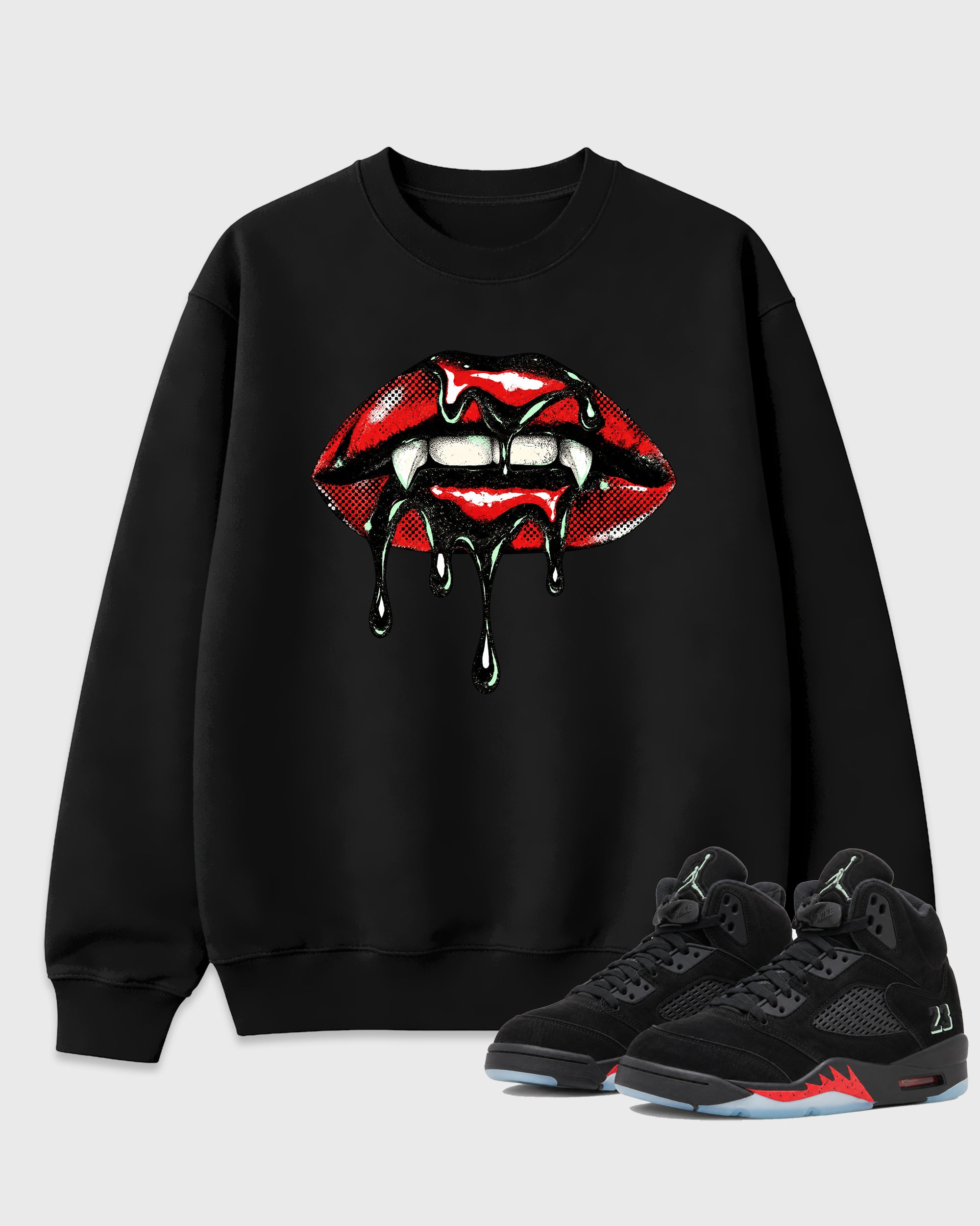 Vampire Lips Graphic T-Shirt featuring original streetwear artwork designed to match the Air Jordan 5 Halloween. Black 1 Graphic Tee.