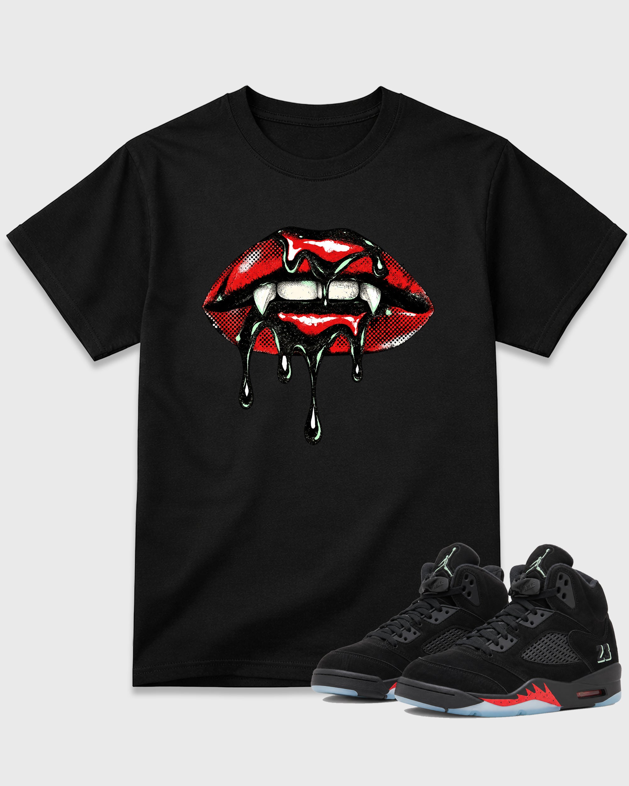 Vampire Lips Graphic T-Shirt featuring original streetwear artwork designed to match the Air Jordan 5 Halloween. Black 1 Graphic T-Shirt.