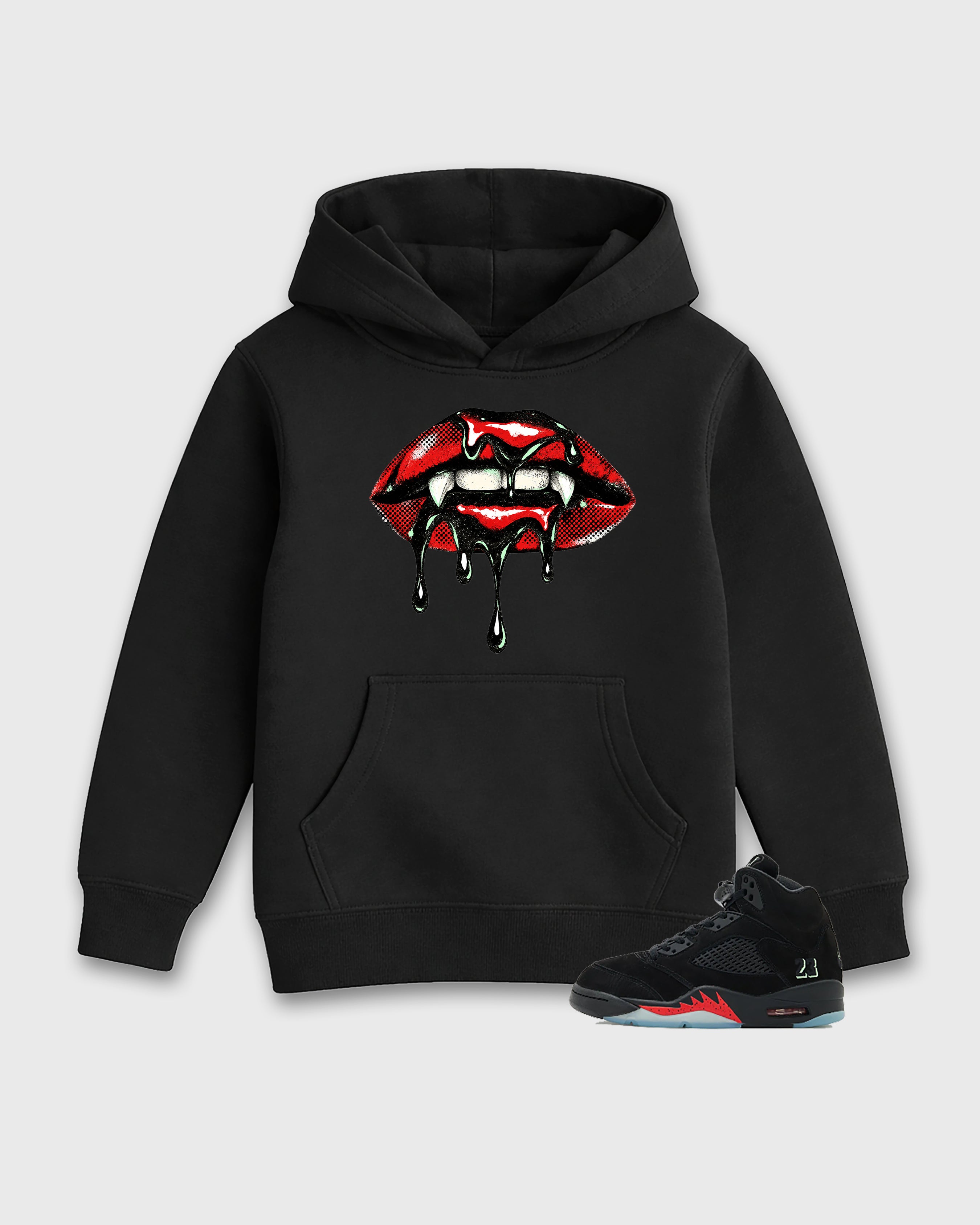 Vampire Lips Baby & Kids Graphic Hoodie featuring original artwork designed to match the Air Jordan 5 Halloween. Black 1 Kids Graphic Sweater.