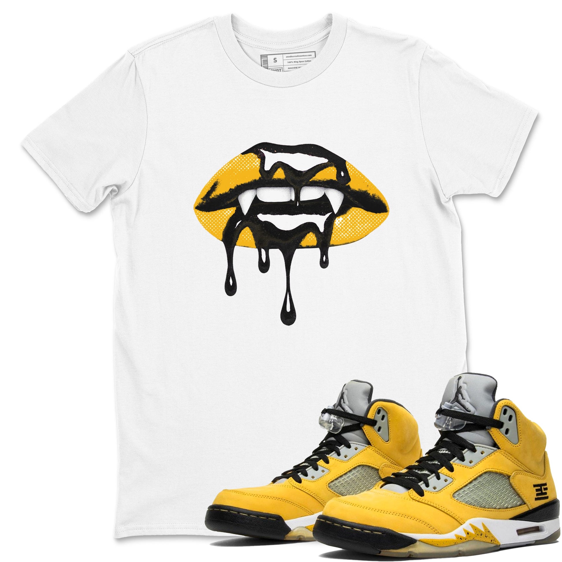 Sneaker match tees – Sneaker Threads To Match Air Jordan 5 Tokyo, Air Jordan 5 Varsity Maize and Wolf Grey Shoes – Vampire Lips Tee White 1