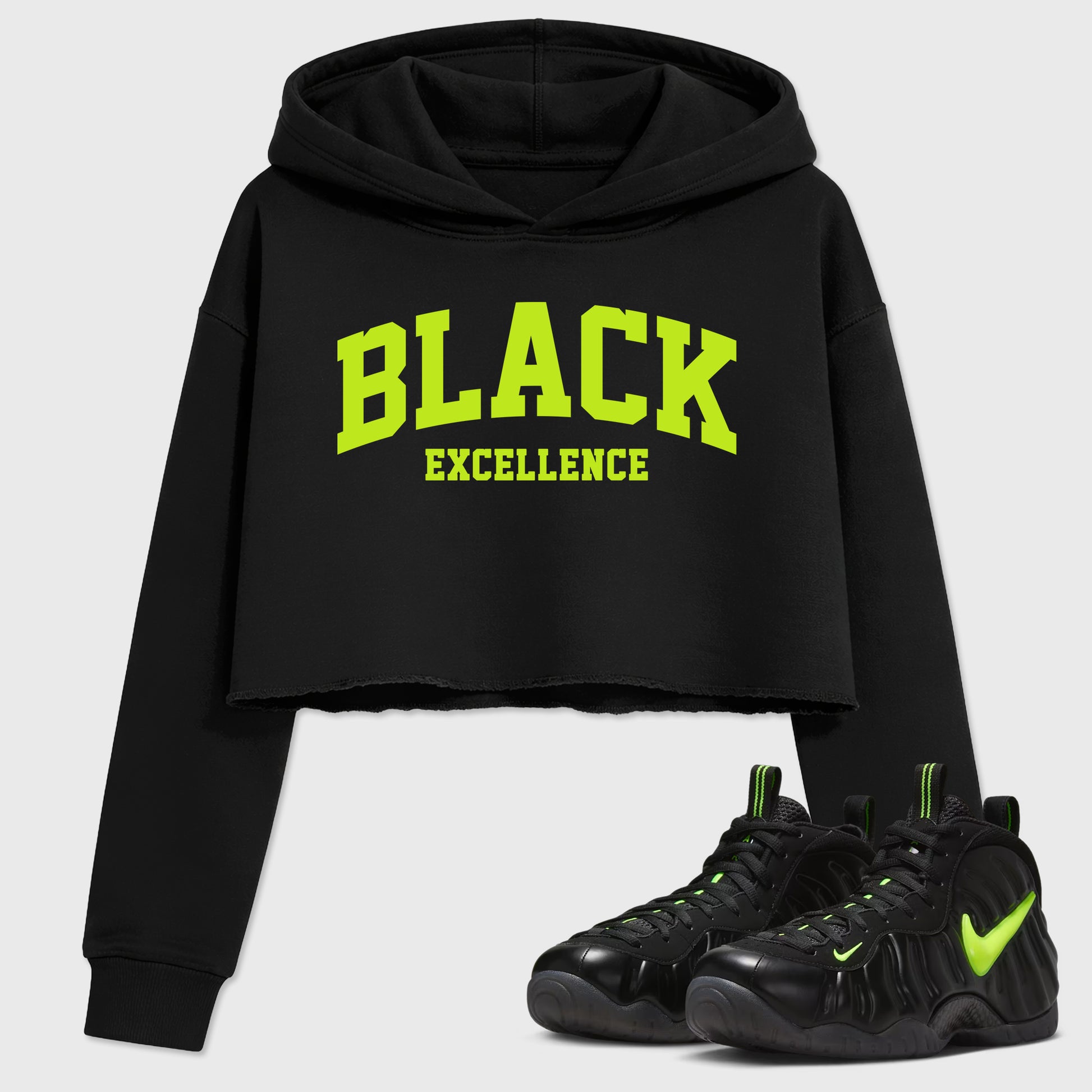 Sneaker match tees – Sneaker Tees To Match Air Foamposite Pro Black Shoes – Varsity Black Excellence Crop T-Shirt Black 1