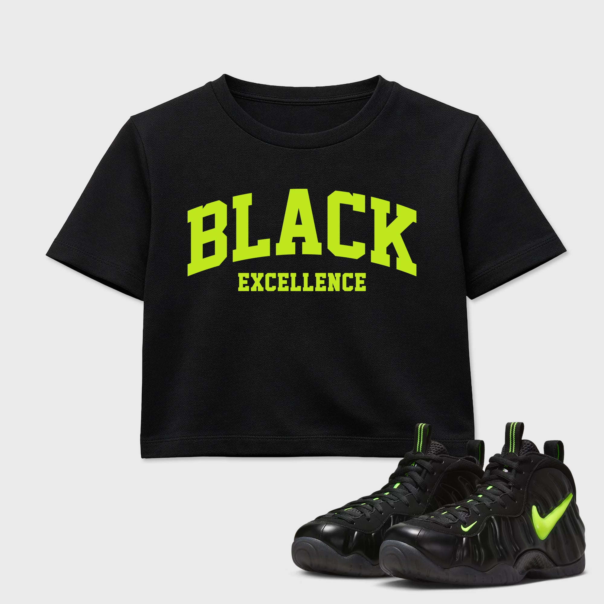 Sneaker match tees – Sneaker Tees To Match Air Foamposite Pro Black Shoes – Varsity Black Excellence Crop T-Shirt Black 1