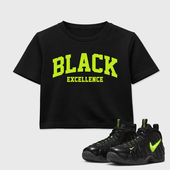Sneaker match tees – Sneaker Tees To Match Air Foamposite Pro Black Shoes – Varsity Black Excellence Crop T-Shirt Black 1