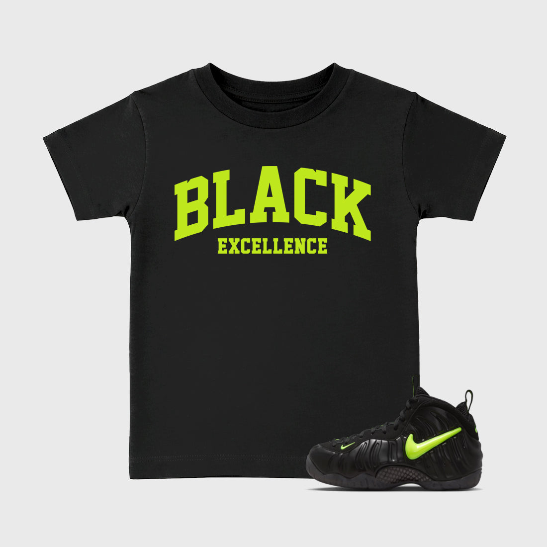 Sneaker match tees – Sneaker Tees To Match Air Foamposite Pro Black Shoes – Varsity Black Excellence Kids T-Shirt Black 1