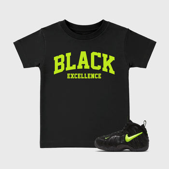 Sneaker match tees – Sneaker Tees To Match Air Foamposite Pro Black Shoes – Varsity Black Excellence Kids T-Shirt Black 1
