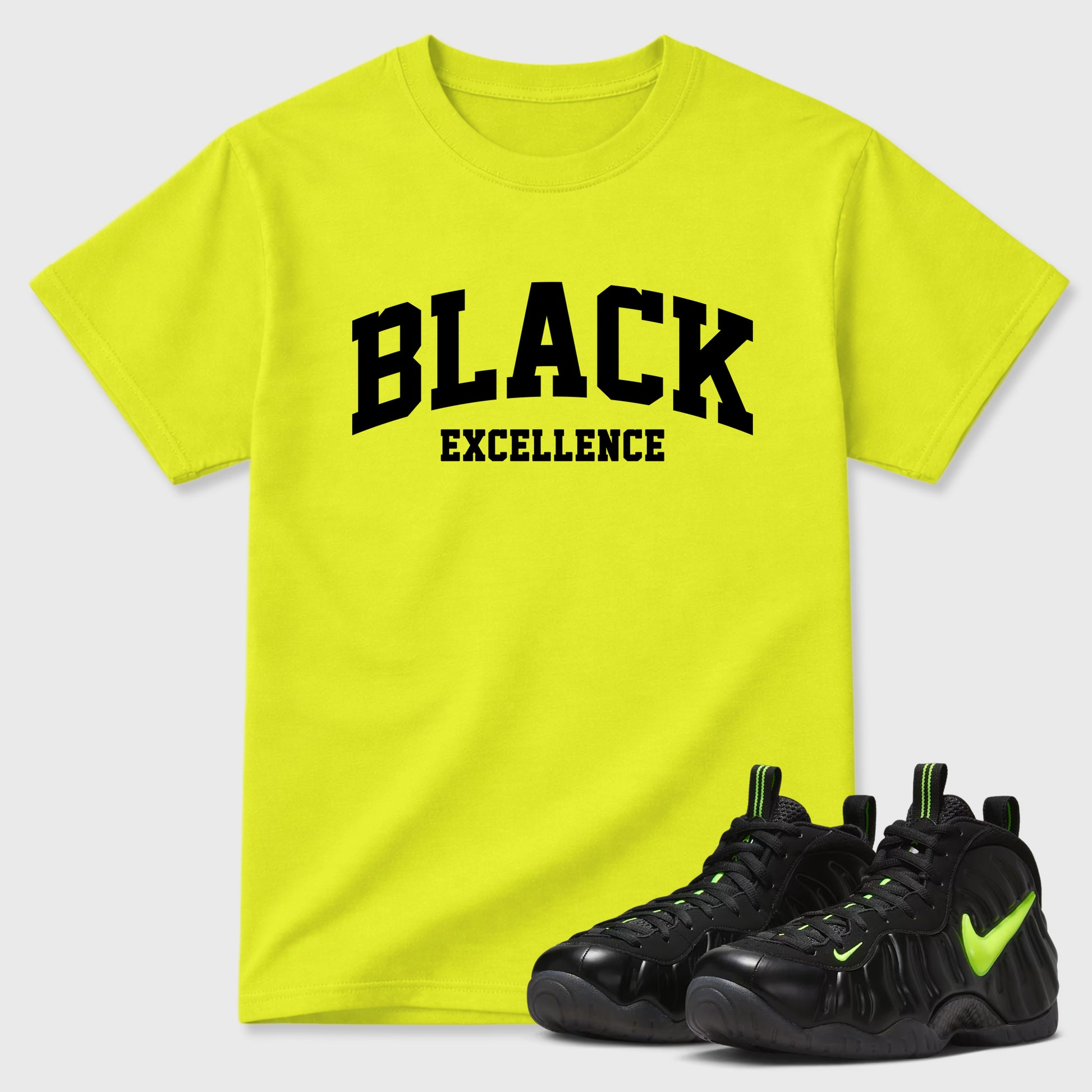 Sneaker match tees – Sneaker Tees To Match Air Foamposite Pro Black Shoes – Varsity Black Excellence Tee Safety Green 1