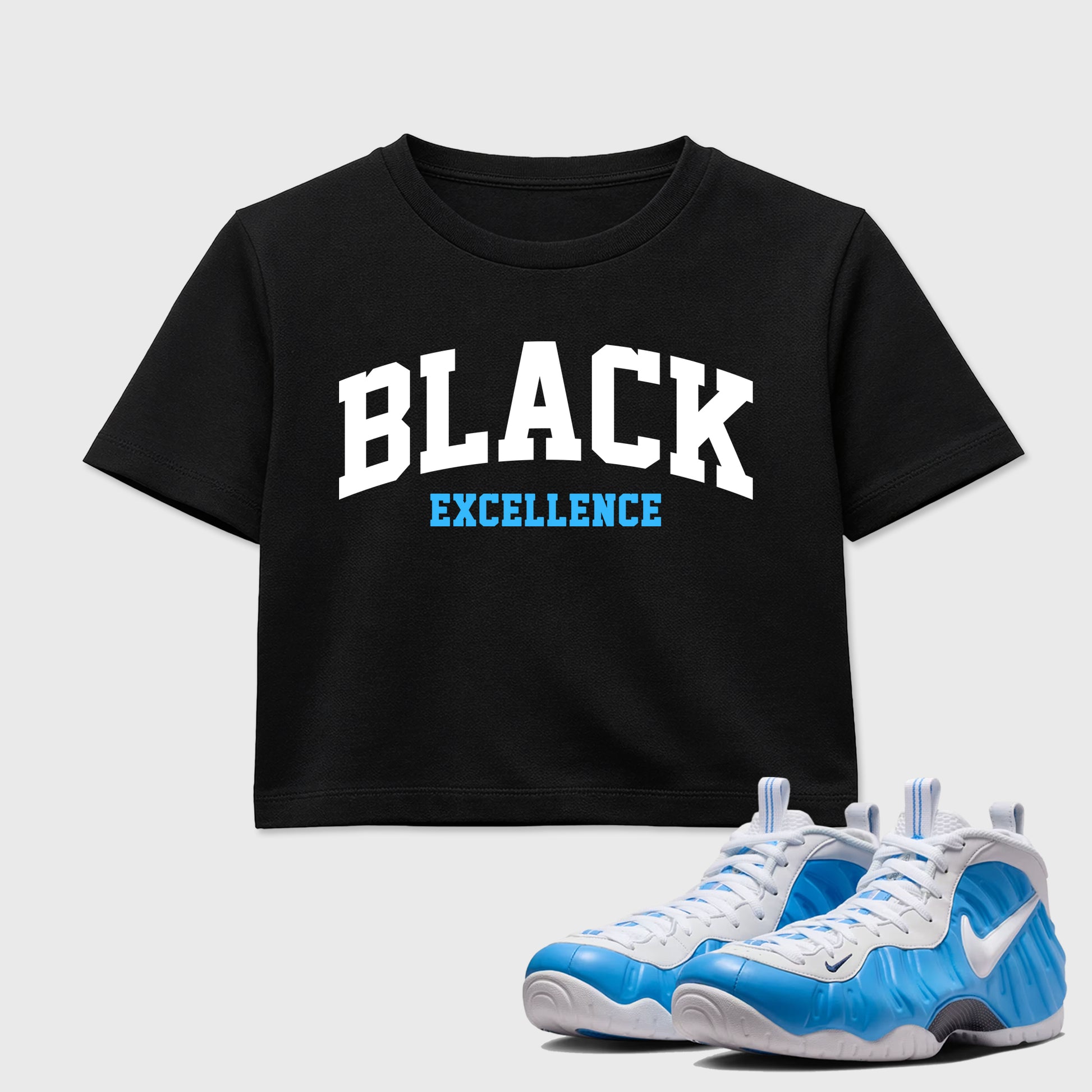 Best Sneakerfit Graphic Tee. Graphic Outfits. Sneaker Tees To Match Air Foamposite Pro University Blue Sneakers – Varsity Black Excellence Crop T-Shirt Black 1