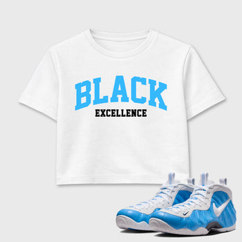 Best Sneakerfit Graphic Tee. Graphic Outfits. Sneaker Tees To Match Air Foamposite Pro University Blue Sneakers – Varsity Black Excellence Crop T-Shirt White 1
