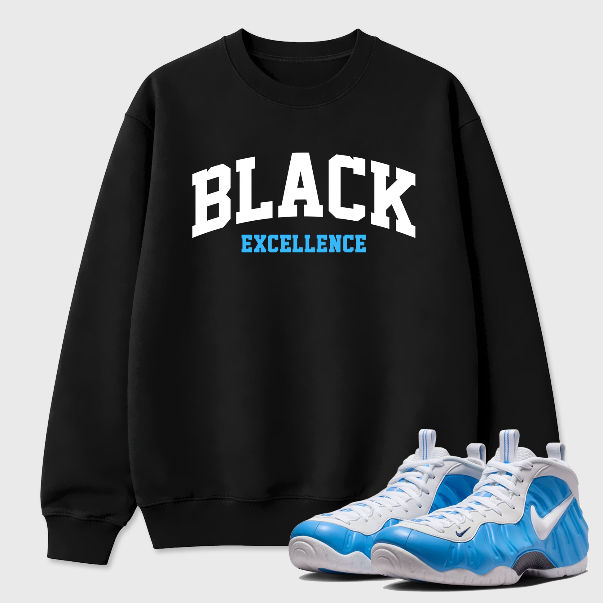 Best Sneakerfit Graphic Tee. Graphic Outfits. Sneaker Tees To Match Air Foamposite Pro University Blue Sneakers – Varsity Black Excellence Tee Black 1