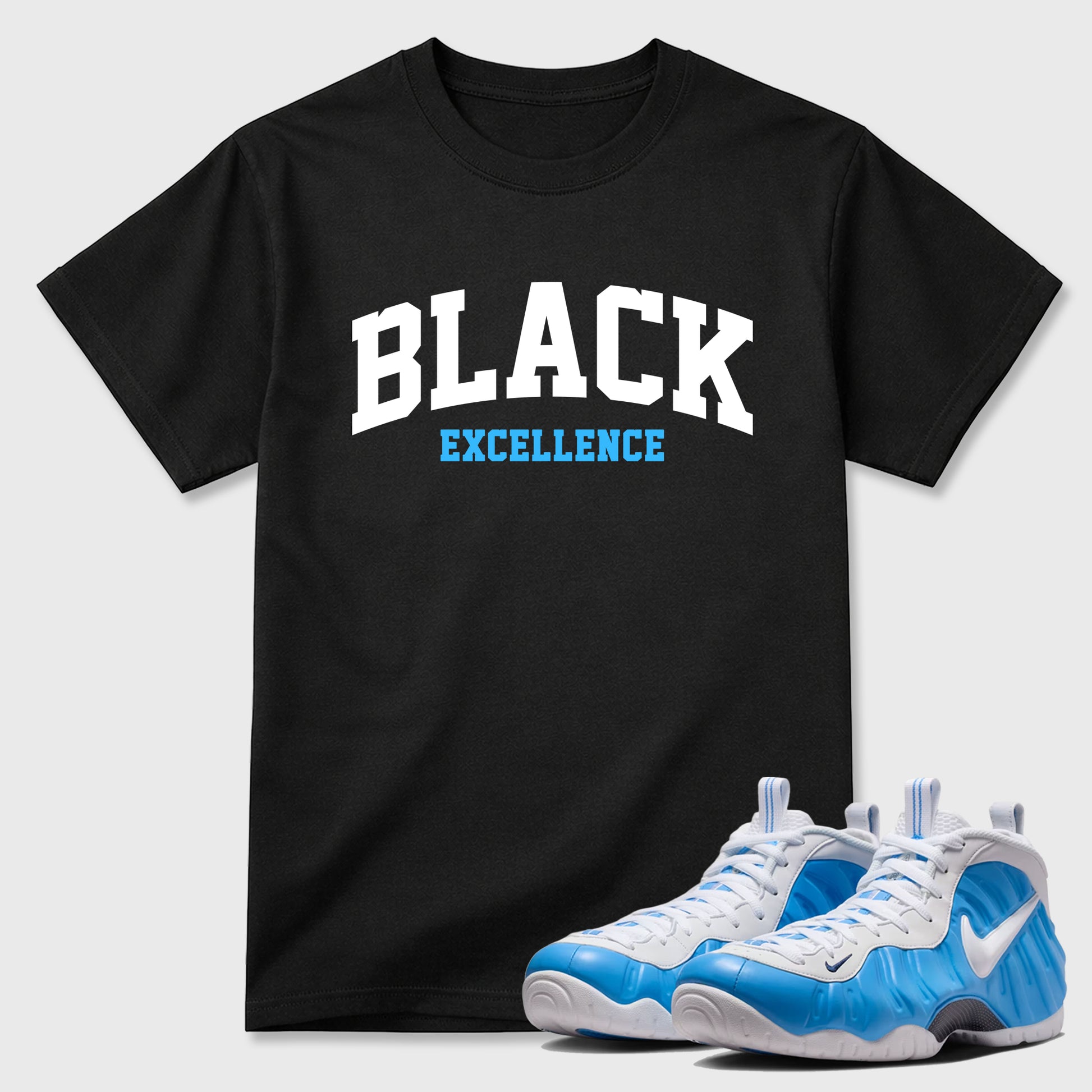 Best Sneakerfit Graphic Tee. Graphic Outfits. Sneaker Tees To Match Air Foamposite Pro University Blue Sneakers – Varsity Black Excellence Tee Black 1