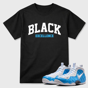 Best Sneakerfit Graphic Tee. Graphic Outfits. Sneaker Tees To Match Air Foamposite Pro University Blue Sneakers – Varsity Black Excellence Tee Black 1