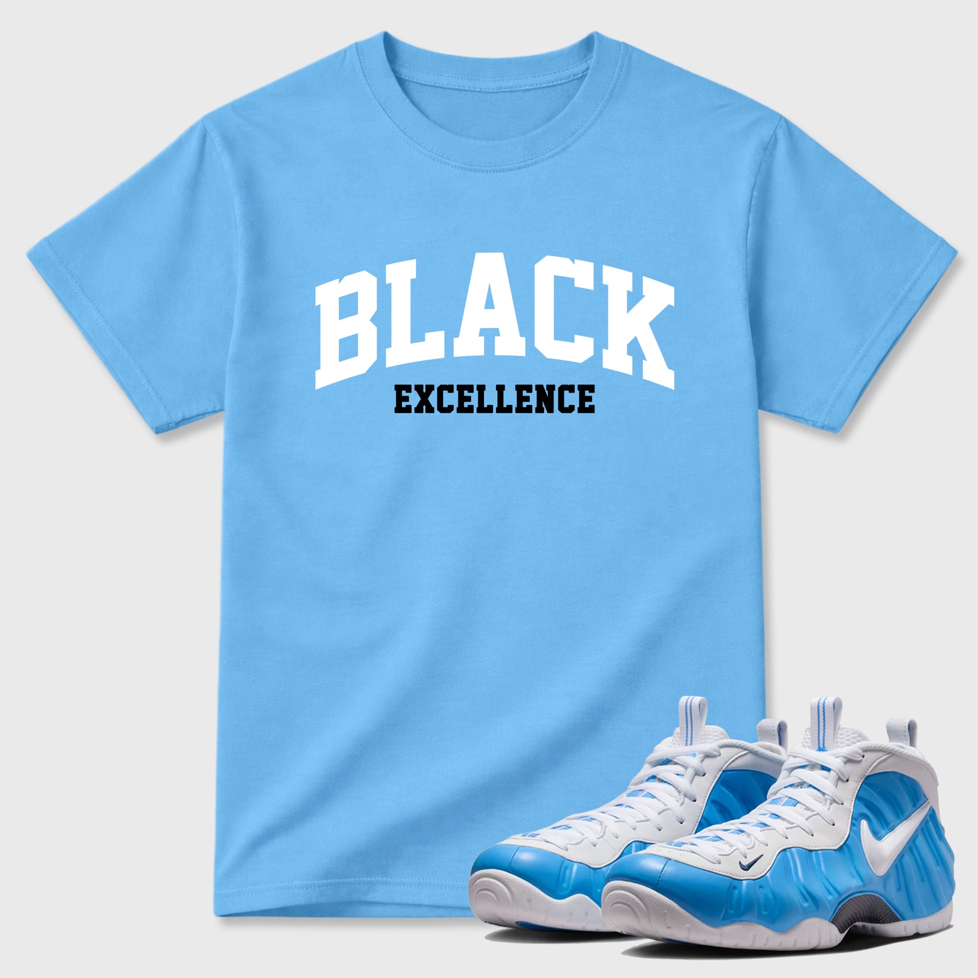 Best Sneakerfit Graphic Tee. Graphic Outfits. Sneaker Tees To Match Air Foamposite Pro University Blue Sneakers – Varsity Black Excellence Tee Carolina Blue 1