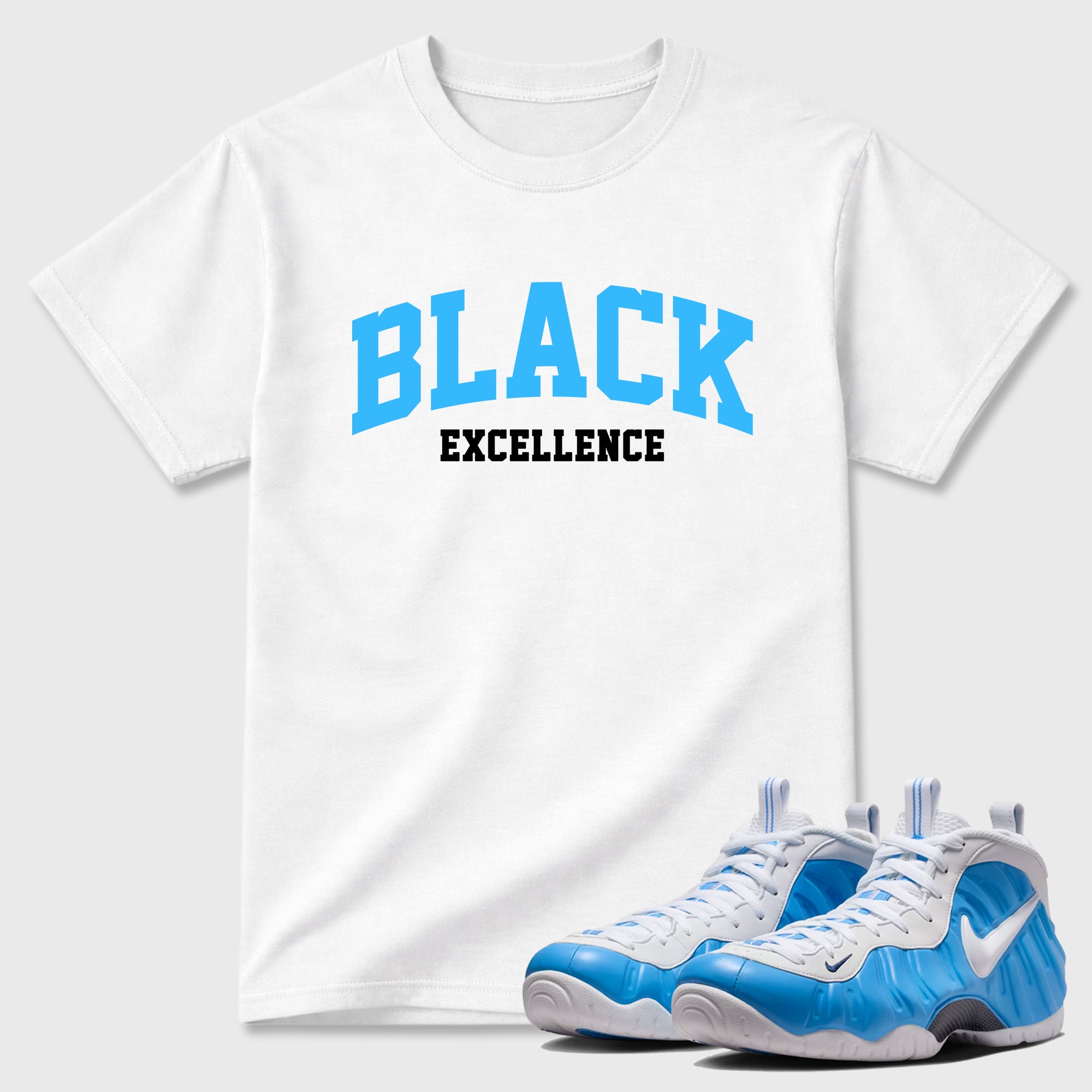 Best Sneakerfit Graphic Tee. Graphic Outfits. Sneaker Tees To Match Air Foamposite Pro University Blue Sneakers – Varsity Black Excellence Tee White 1