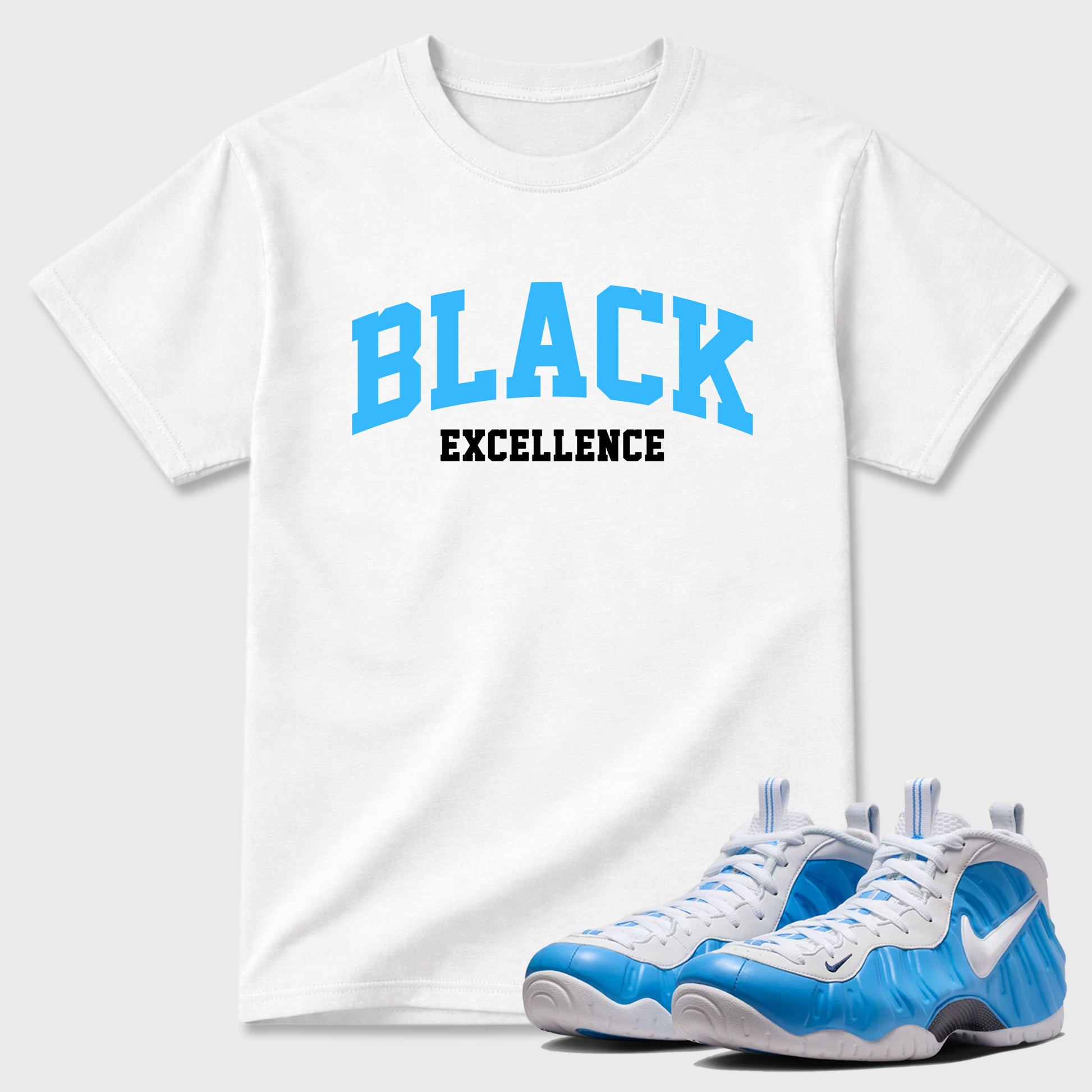Best Sneakerfit Graphic Tee. Graphic Outfits. Sneaker Tees To Match Air Foamposite Pro University Blue Sneakers – Varsity Black Excellence Tee White 1