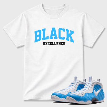 Best Sneakerfit Graphic Tee. Graphic Outfits. Sneaker Tees To Match Air Foamposite Pro University Blue Sneakers – Varsity Black Excellence Tee White 1