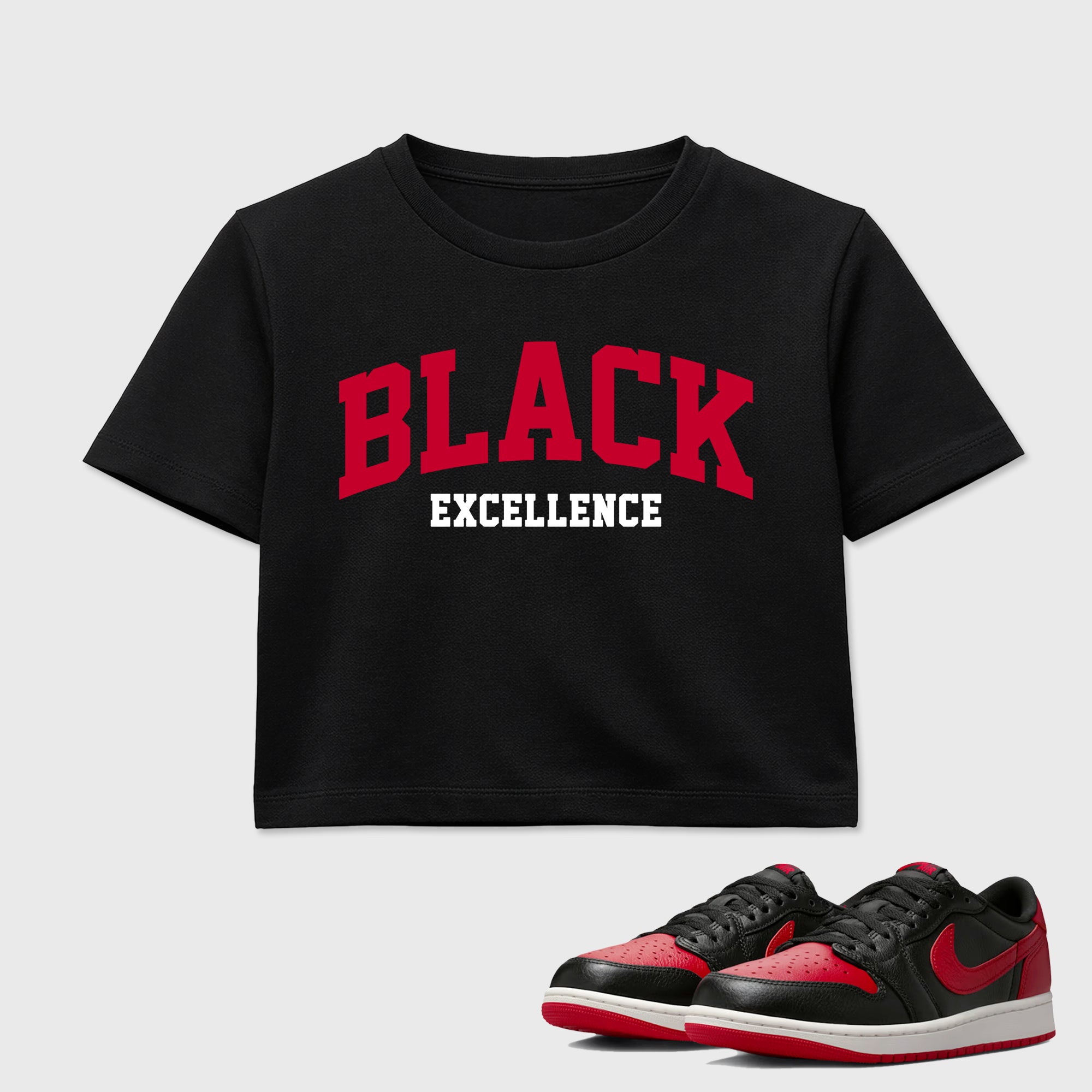 Sneaker match tees – Sneaker Tees To Match Air Jordan 1 Banned Shoes – Varsity Black Excellence Crop T-Shirt Black 1