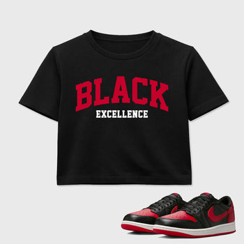 Sneaker match tees – Sneaker Tees To Match Air Jordan 1 Banned Shoes – Varsity Black Excellence Crop T-Shirt Black 1