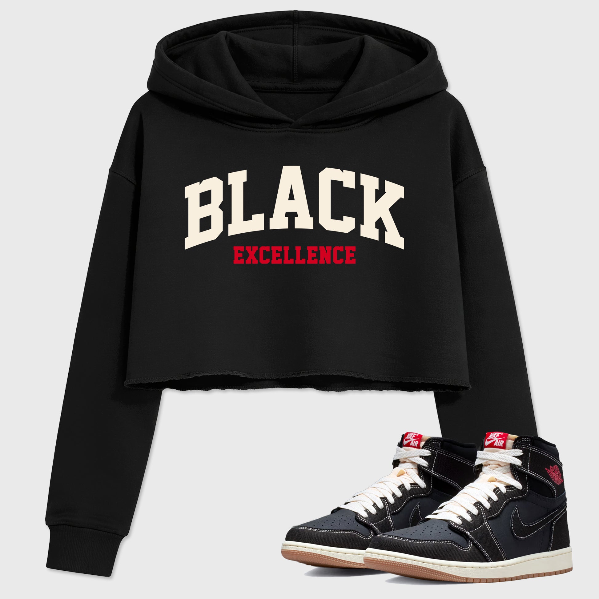 Sneaker match tees – Sneaker Tees To Match Air Jordan 1 Flight Club Shoes – Varsity Black Excellence Crop T-Shirt Black 1