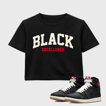 Sneaker match tees – Sneaker Tees To Match Air Jordan 1 Flight Club Shoes – Varsity Black Excellence Crop T-Shirt Black 1