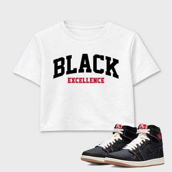 Sneaker match tees – Sneaker Tees To Match Air Jordan 1 Flight Club Shoes – Varsity Black Excellence Crop T-Shirt White 1