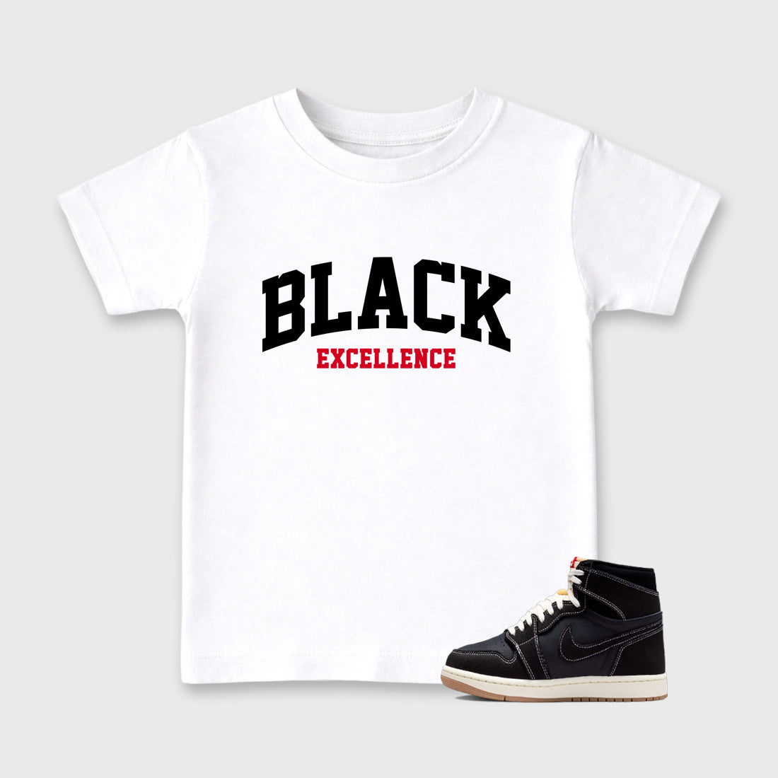 Sneaker match tees – Sneaker Tees To Match Air Jordan 1 Flight Club Shoes – Varsity Black Excellence Kids T-Shirt White 1