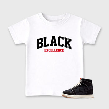 Sneaker match tees – Sneaker Tees To Match Air Jordan 1 Flight Club Shoes – Varsity Black Excellence Kids T-Shirt White 1