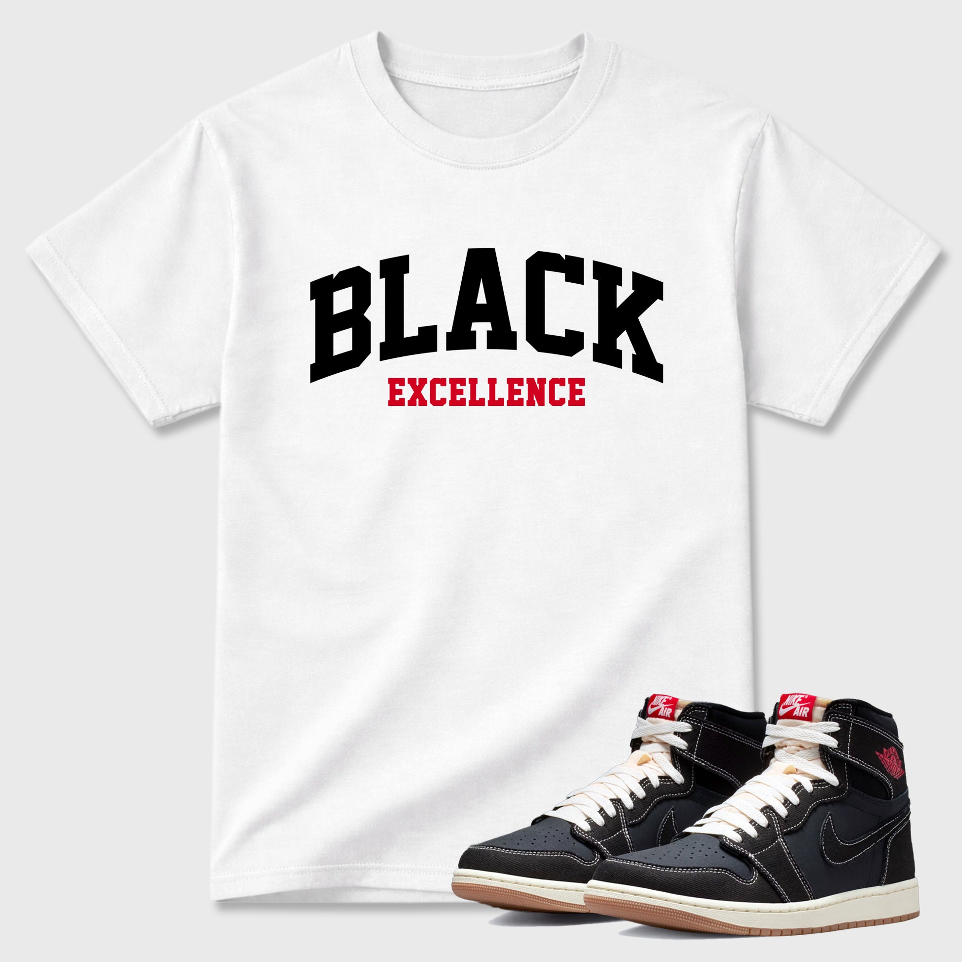 Sneaker match tees – Sneaker Tees To Match Air Jordan 1 Flight Club Shoes – Varsity Black Excellence Tee White 1