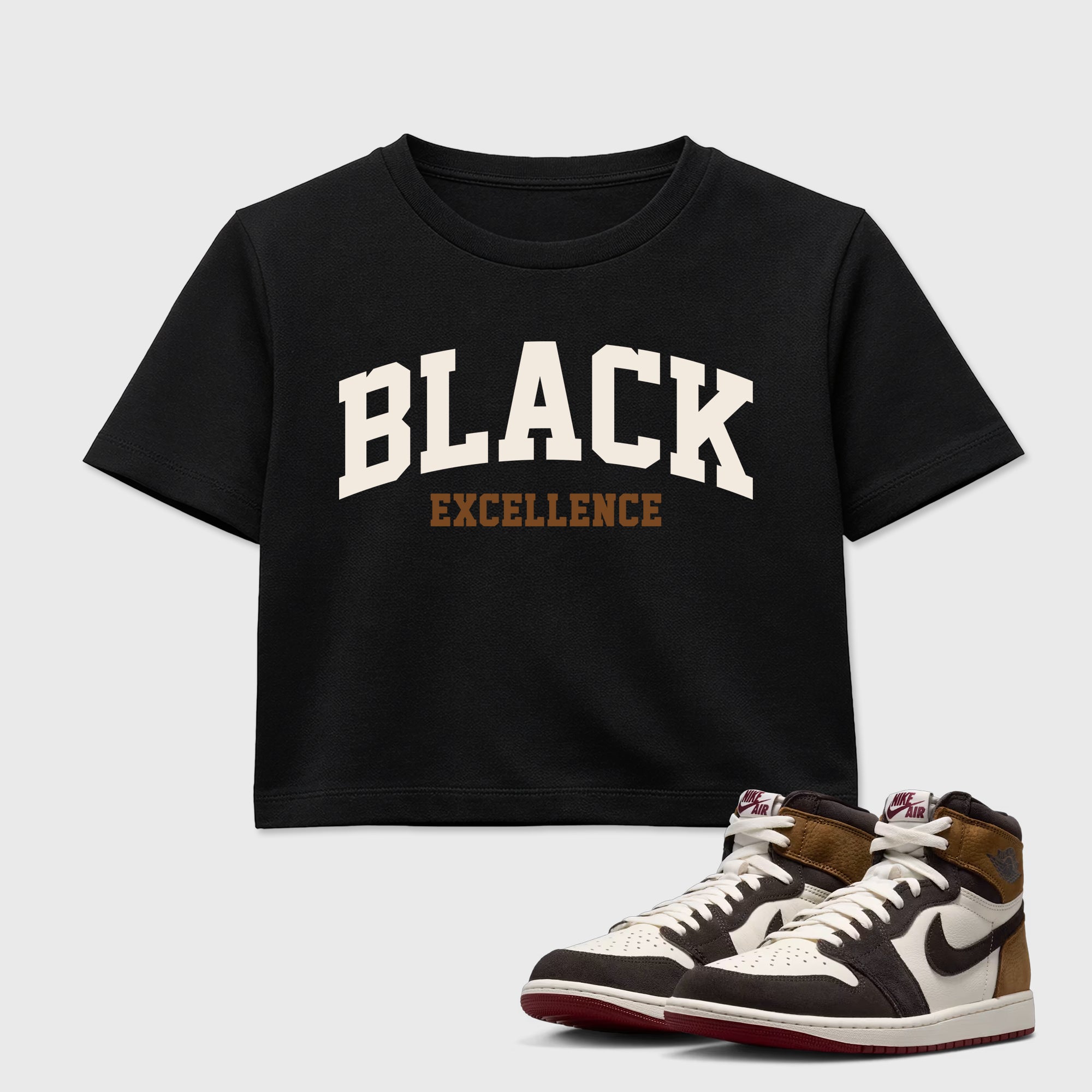 Varsity Black Excellence women’s crop tee designed to match the Air Jordan 1 Love Letter, featuring coordinated Black 1 options for a perfect streetwear vibe.