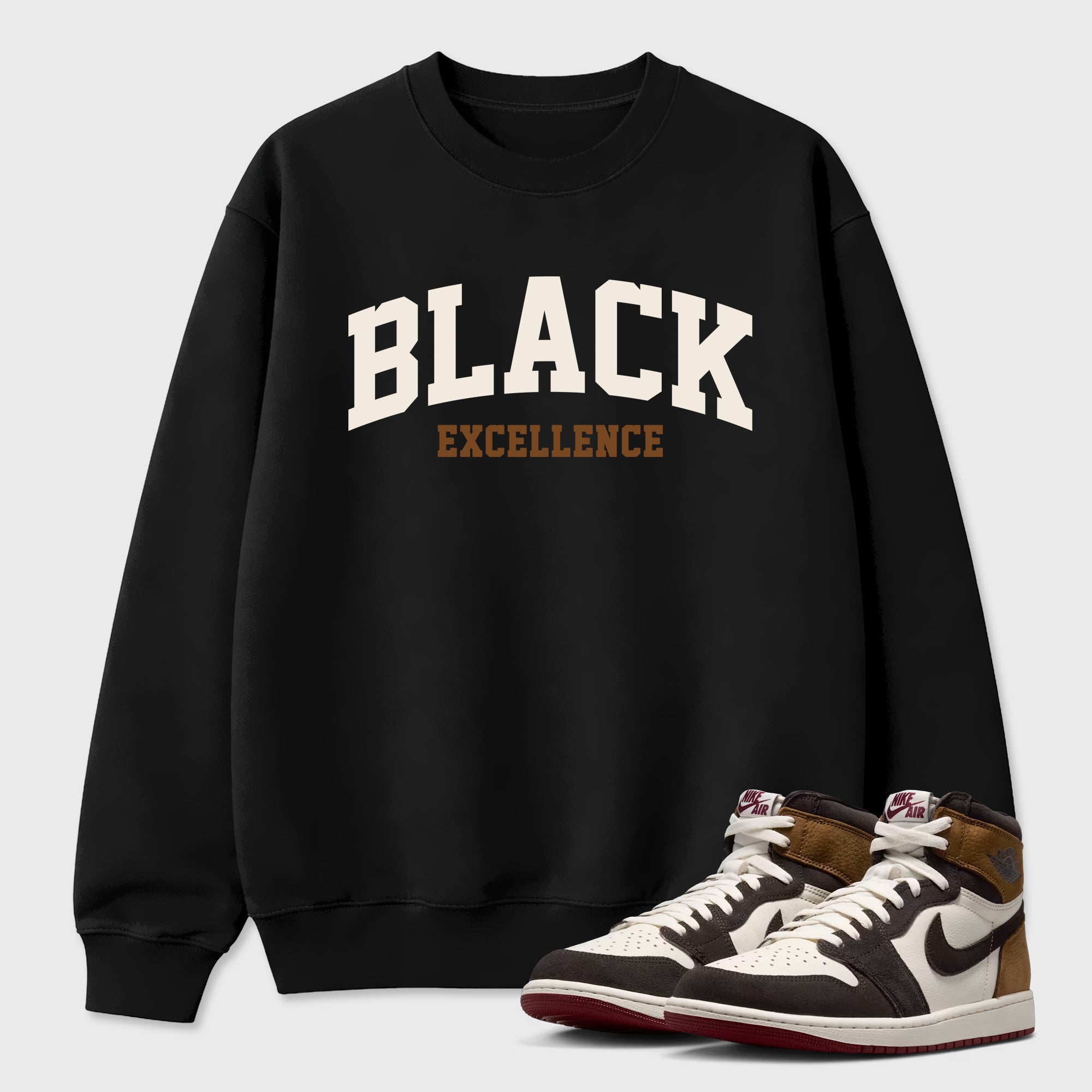 Varsity Black Excellence Graphic T-Shirt featuring original streetwear artwork designed to match the Air Jordan 1 Love Letter. Black 1 Graphic Tee.