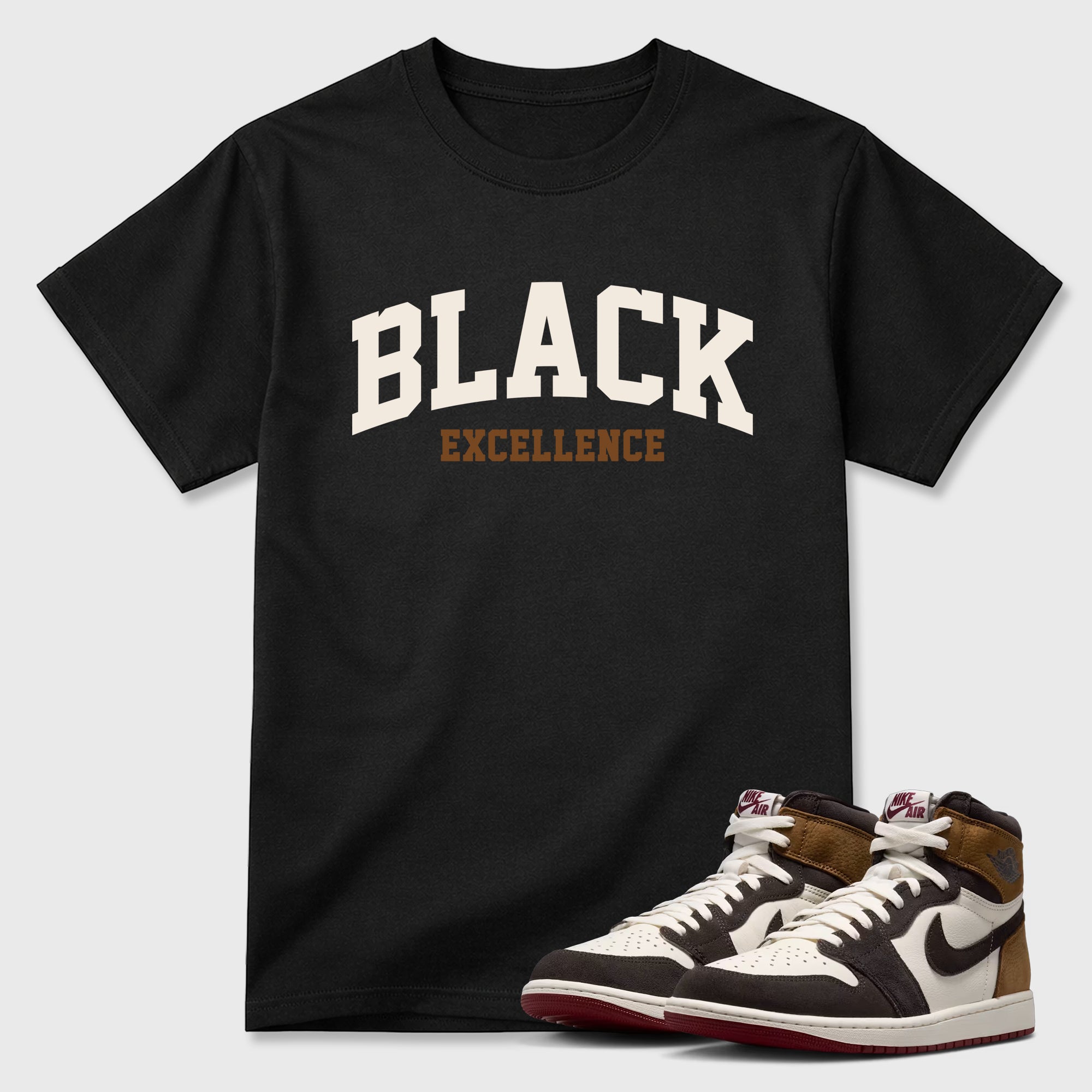 Varsity Black Excellence Graphic T-Shirt featuring original streetwear artwork designed to match the Air Jordan 1 Love Letter. Black 1 Graphic T-Shirt.