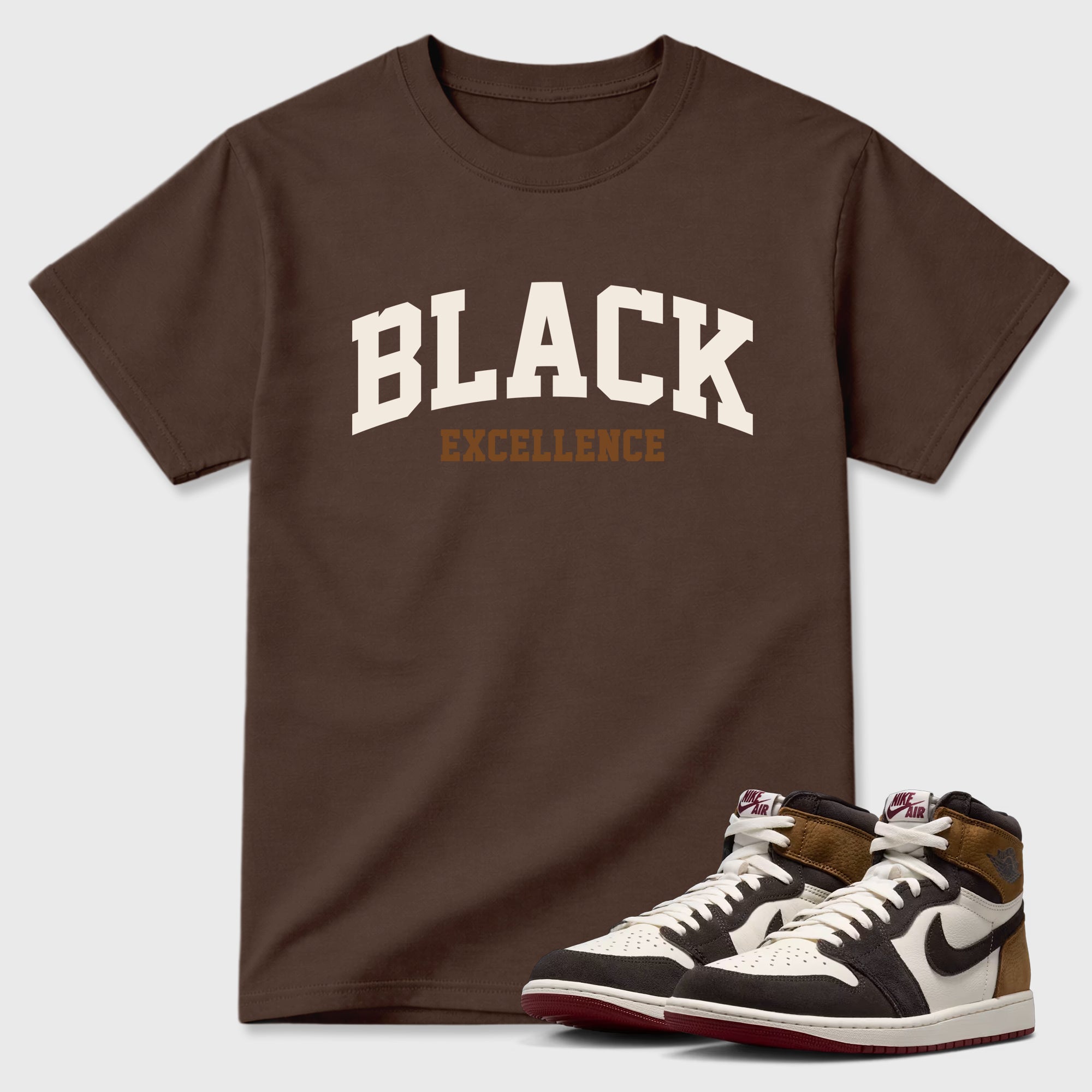 Varsity Black Excellence Graphic T-Shirt featuring original streetwear artwork designed to match the Air Jordan 1 Love Letter. Dark Chocolate 1 Graphic T-Shirt.