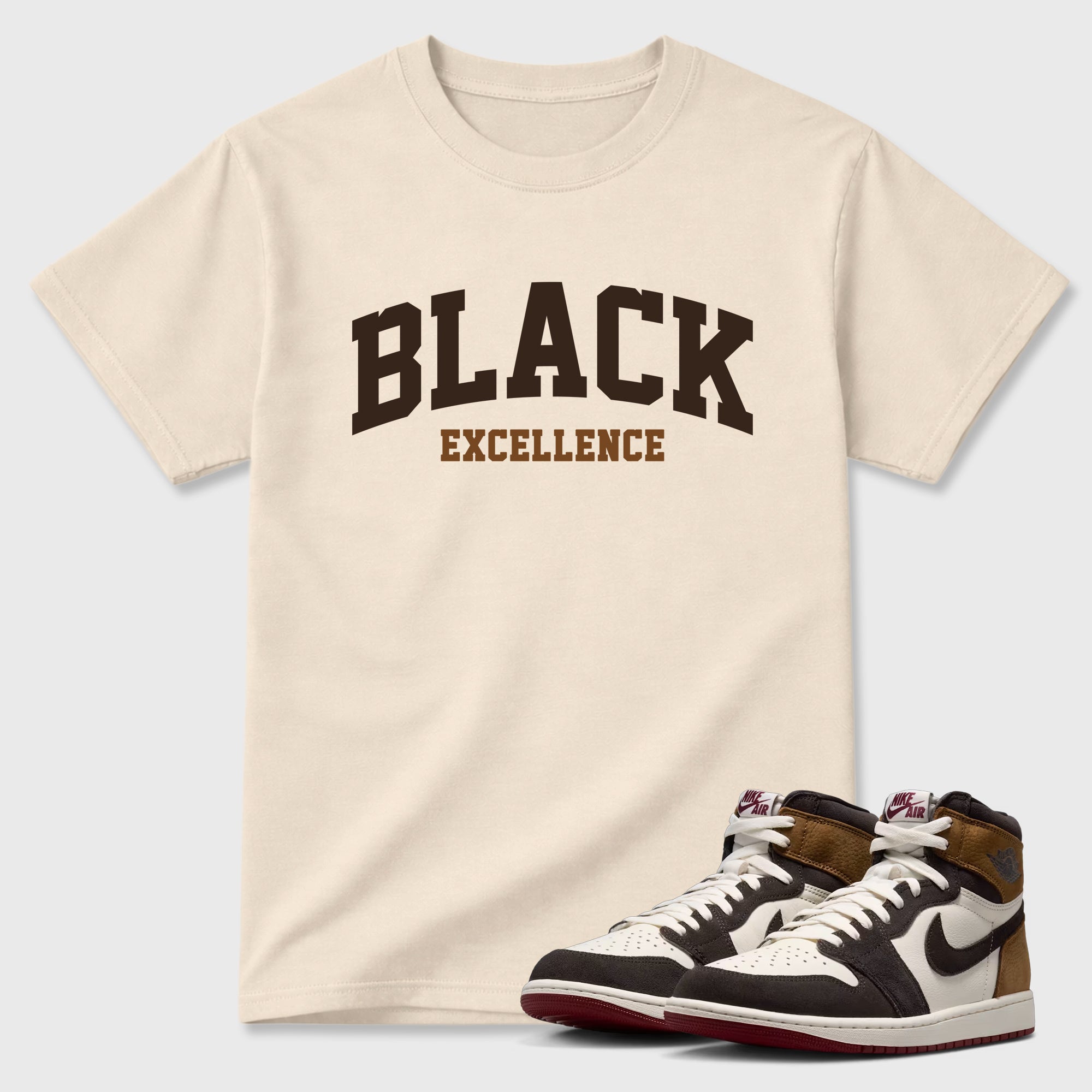 Varsity Black Excellence Graphic T-Shirt featuring original streetwear artwork designed to match the Air Jordan 1 Love Letter. Natural 1 Graphic T-Shirt.