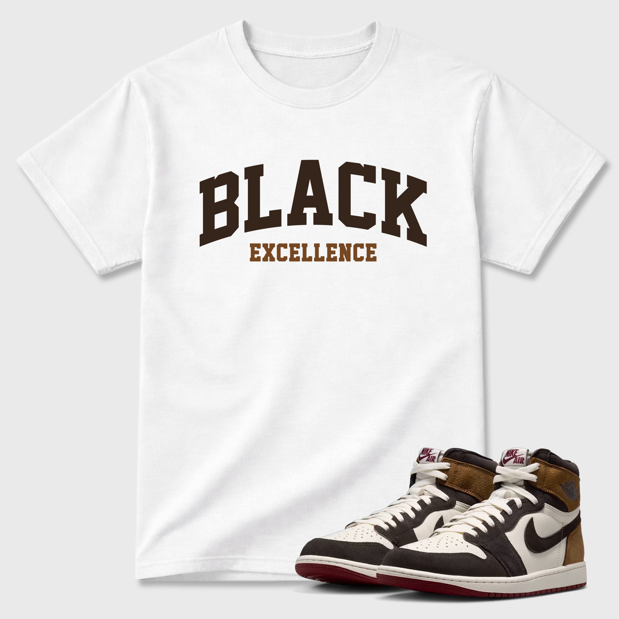 Varsity Black Excellence Graphic T-Shirt featuring original streetwear artwork designed to match the Air Jordan 1 Love Letter. White 1 Graphic T-Shirt.