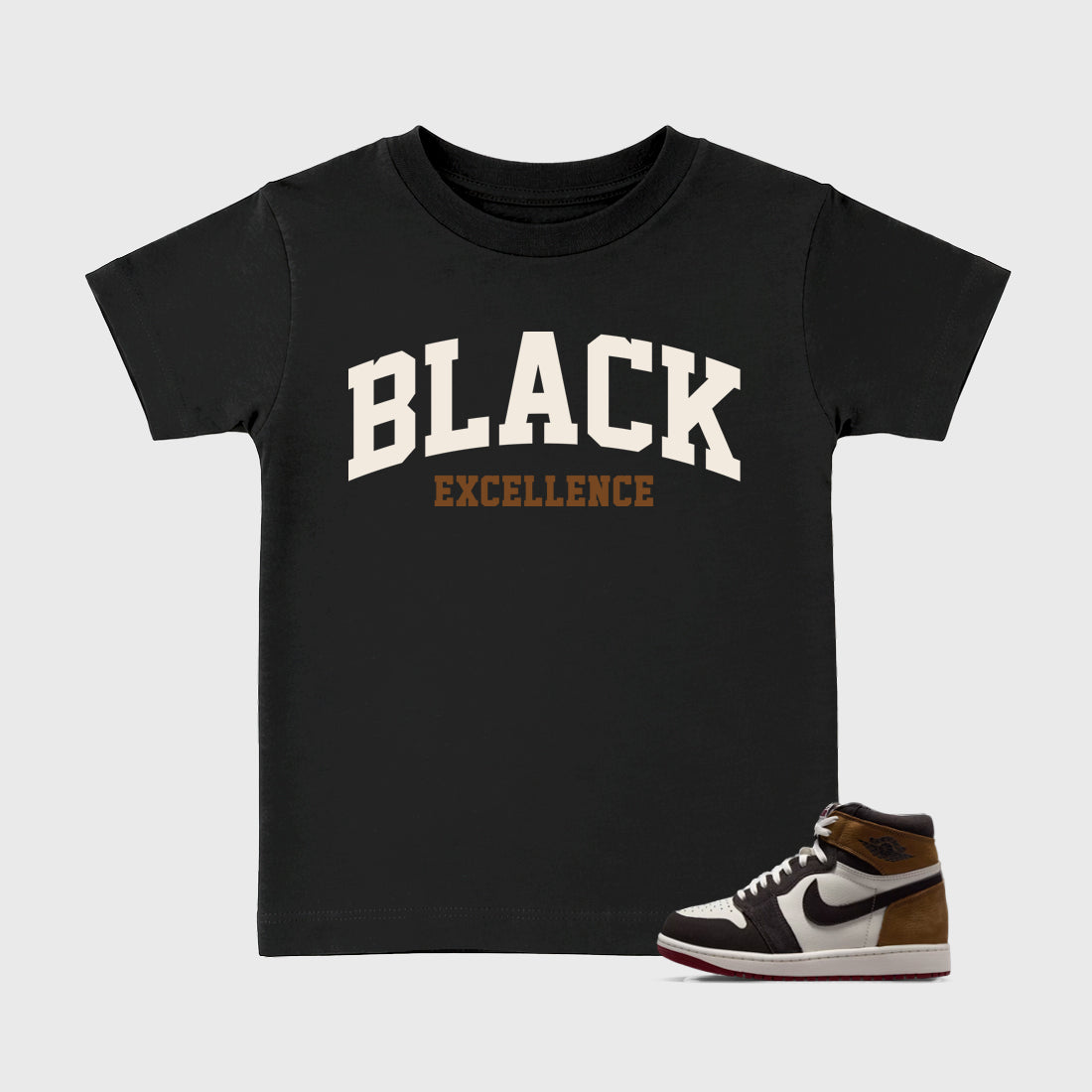 Varsity Black Excellence Baby & Kids Graphic T-Shirt featuring original artwork designed to match the Air Jordan 1 Love Letter. Black 1 Kids Graphic Tee.