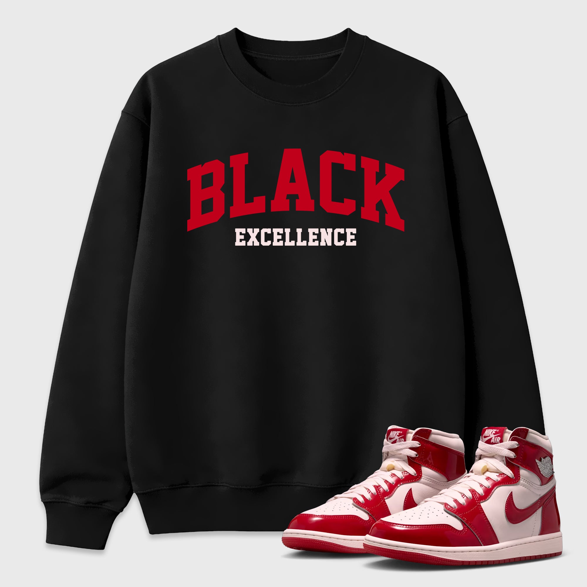 Varsity Black Excellence Graphic T-Shirt featuring original streetwear artwork designed to match the Air Jordan 1 Nails and Grails. Black 1 Graphic Tee.