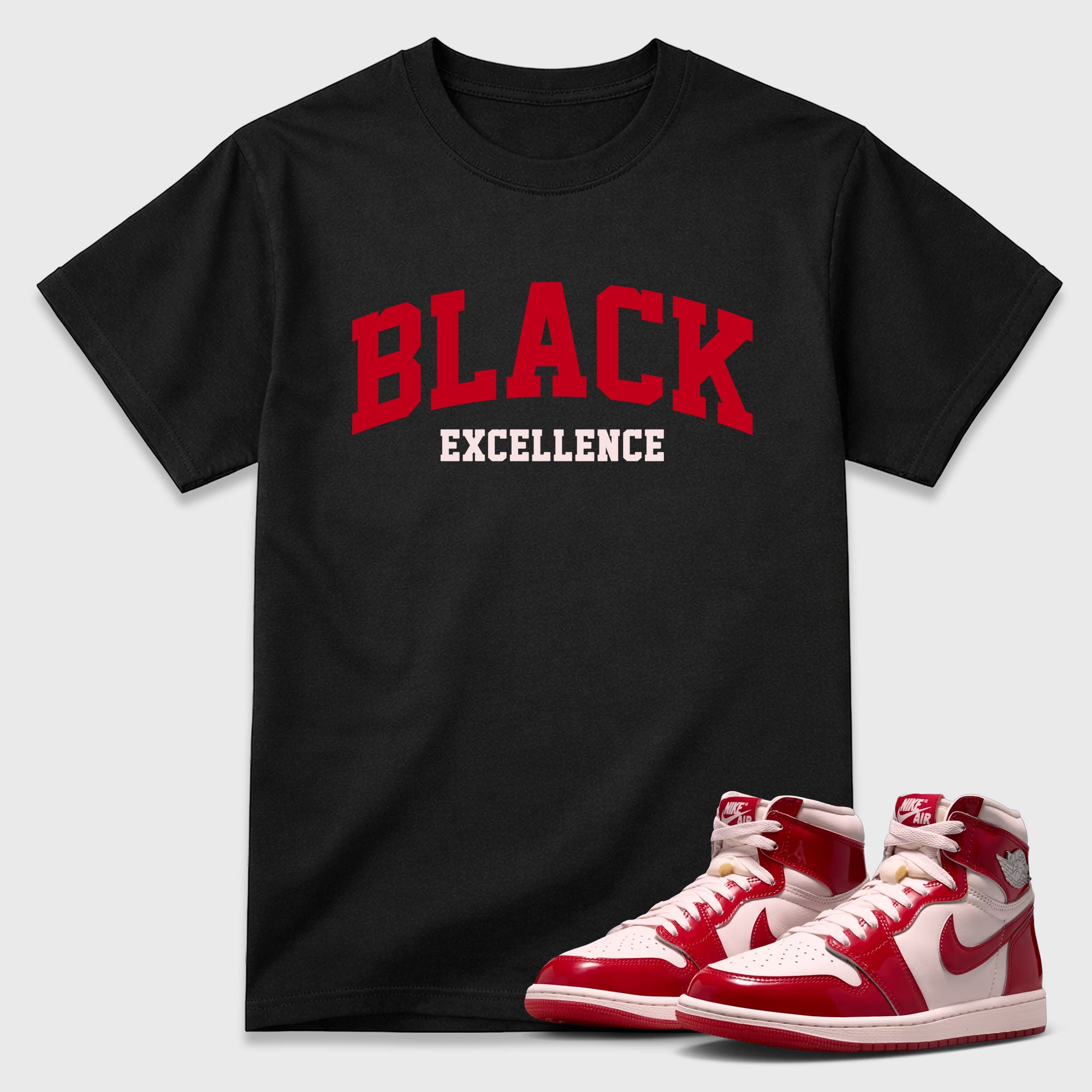 Varsity Black Excellence Graphic T-Shirt featuring original streetwear artwork designed to match the Air Jordan 1 Nails and Grails. Black 1 Graphic T-Shirt.