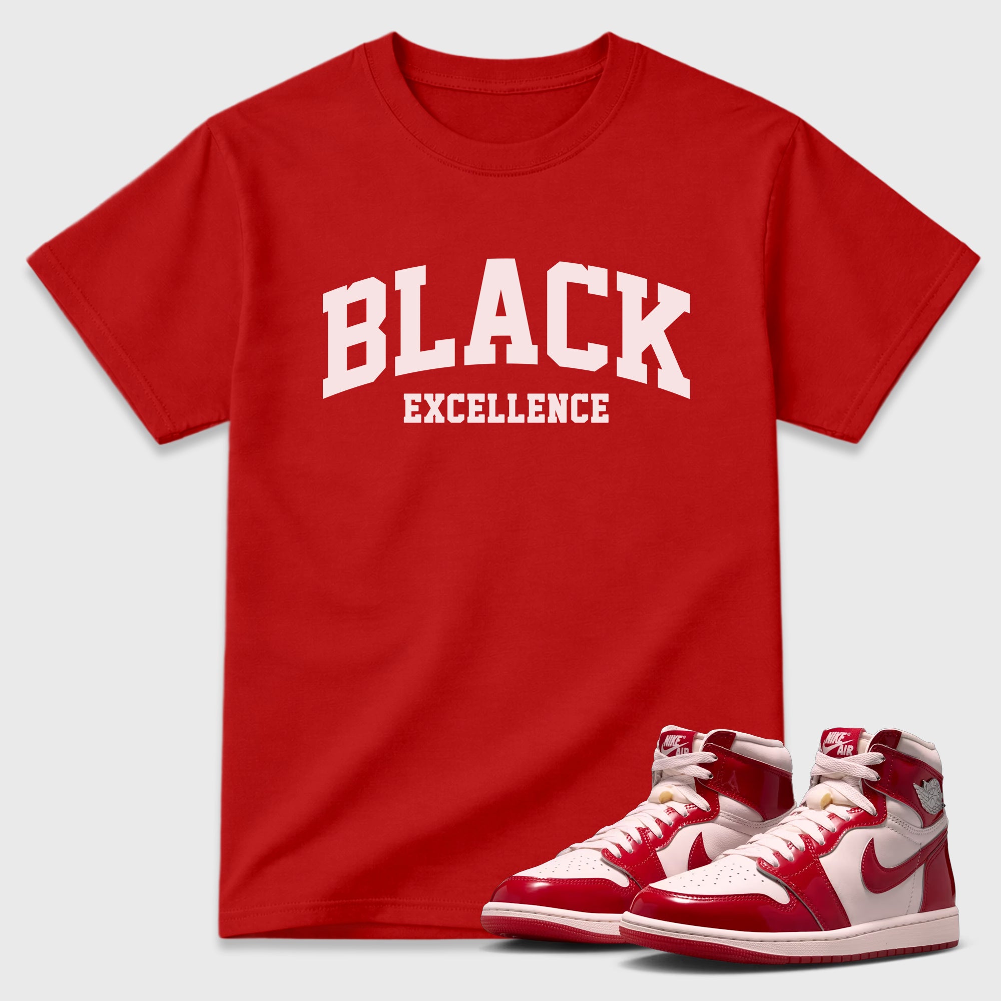 Varsity Black Excellence Graphic T-Shirt featuring original streetwear artwork designed to match the Air Jordan 1 Nails and Grails. Red 1 Graphic T-Shirt.
