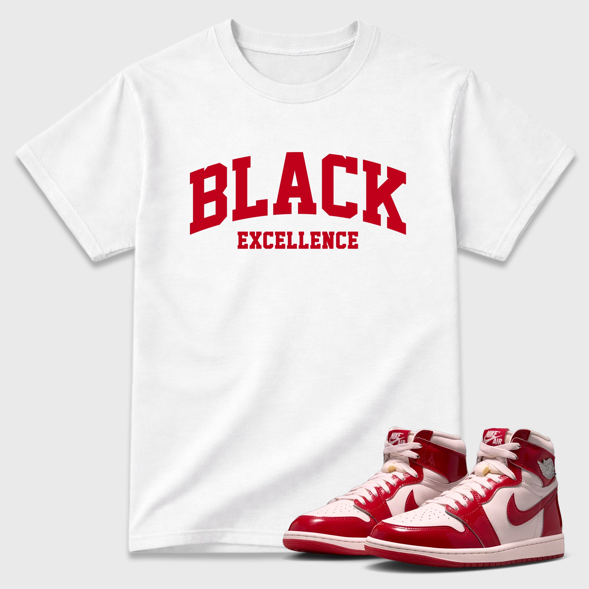 Varsity Black Excellence Graphic T-Shirt featuring original streetwear artwork designed to match the Air Jordan 1 Nails and Grails. White 1 Graphic T-Shirt.