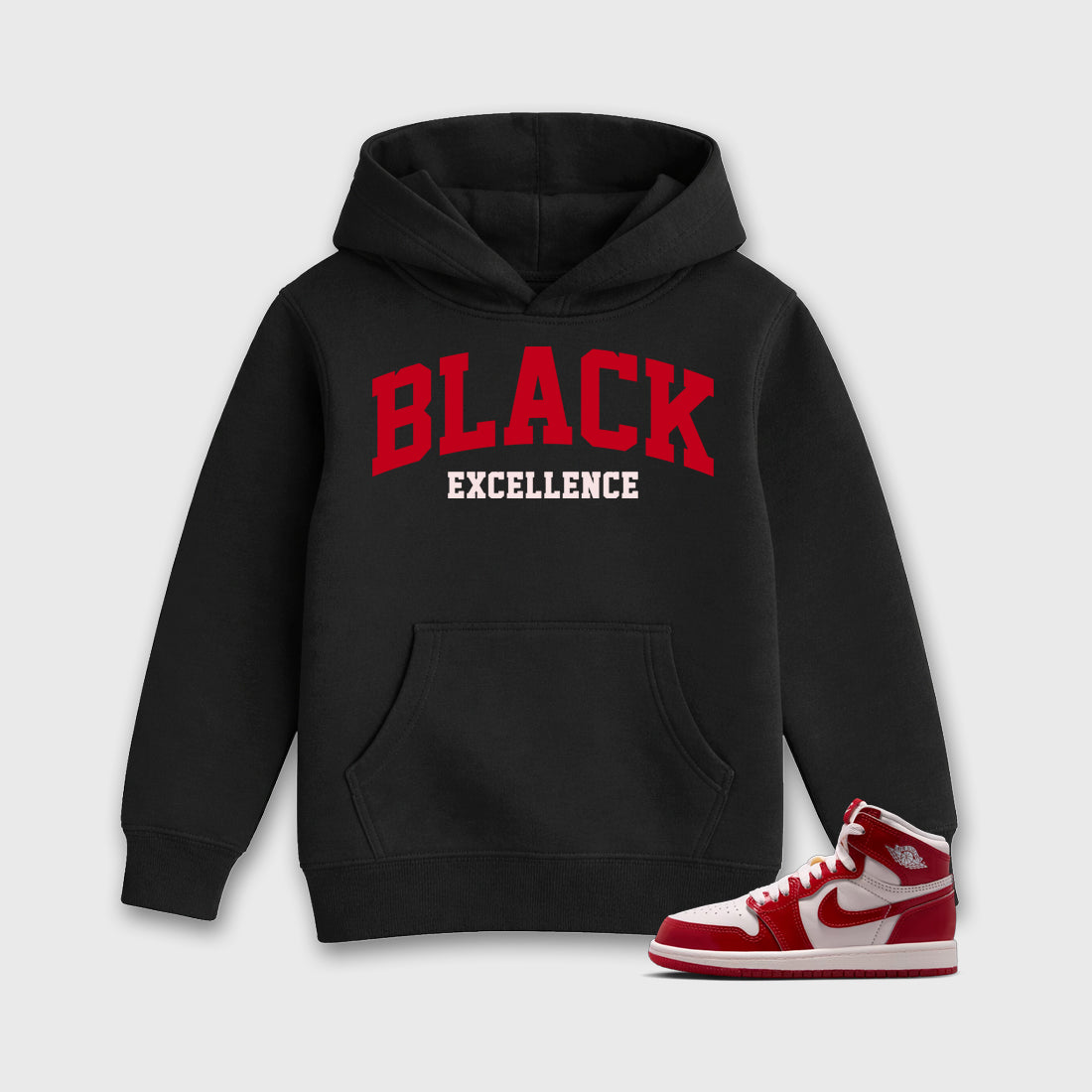 Varsity Black Excellence Baby & Kids Graphic Hoodie featuring original artwork designed to match the Air Jordan 1 Nails and Grails. Black 1 Kids Graphic Sweater.