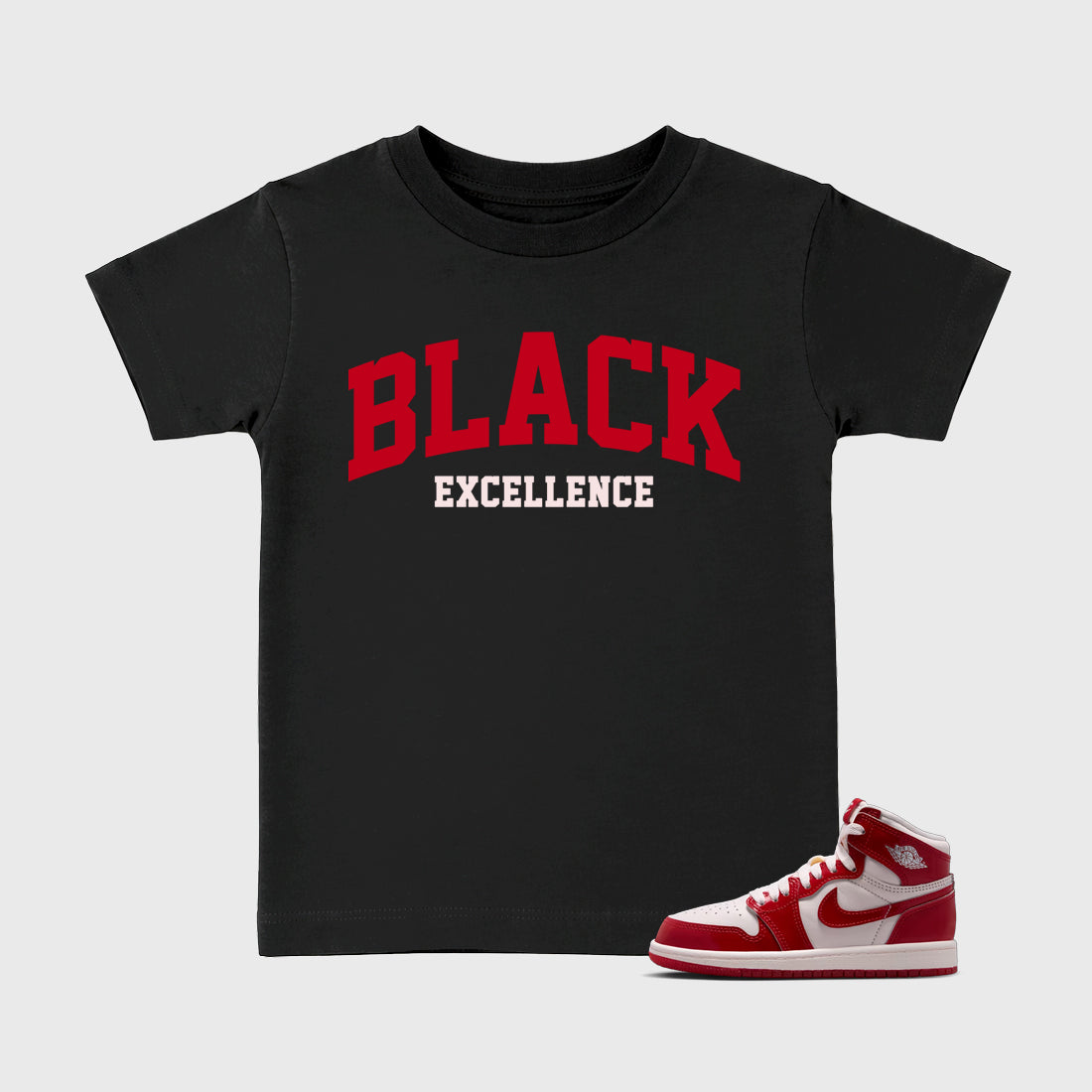 Varsity Black Excellence Baby & Kids Graphic T-Shirt featuring original artwork designed to match the Air Jordan 1 Nails and Grails. Black 1 Kids Graphic Tee.