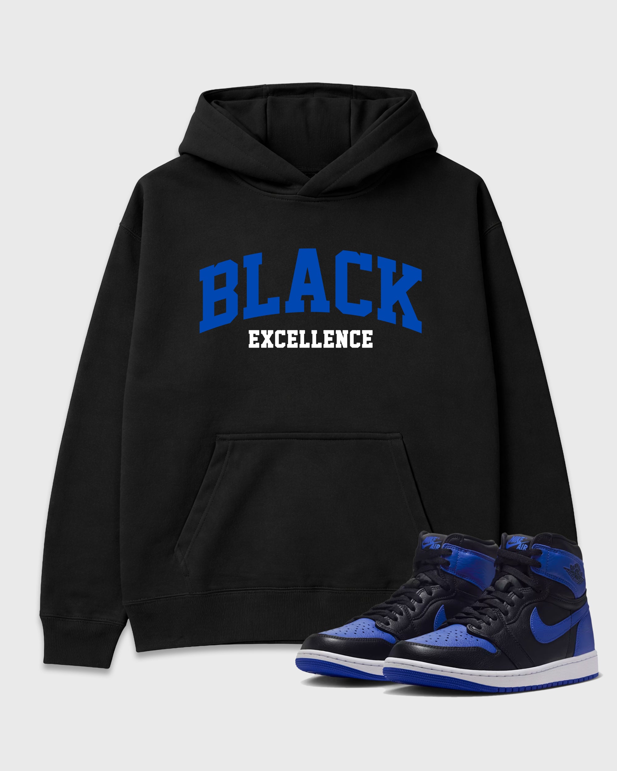 Varsity Black Excellence Graphic T-Shirt featuring original streetwear artwork designed to match the Air Jordan 1 Royal. Black 1 Graphic Tee.