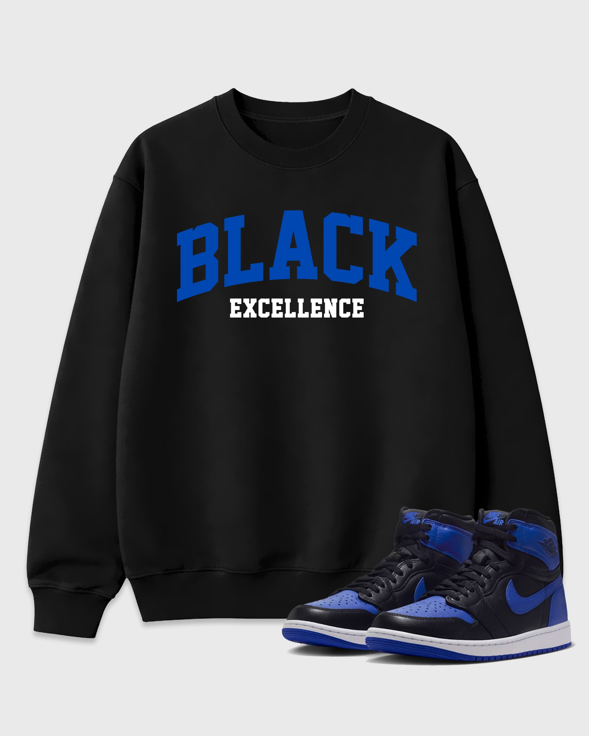 Varsity Black Excellence Graphic T-Shirt featuring original streetwear artwork designed to match the Air Jordan 1 Royal. Black 1 Graphic Tee.