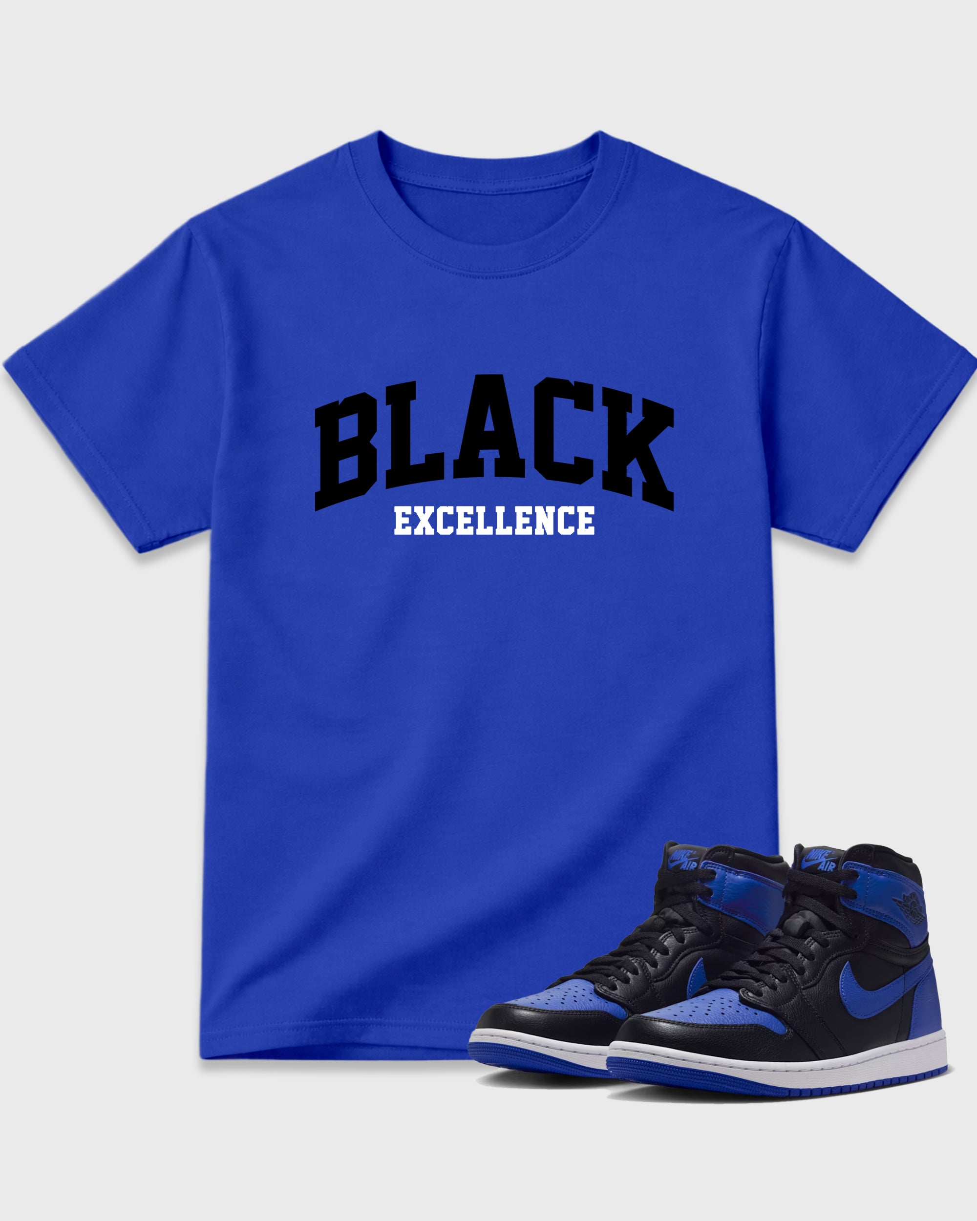 Varsity Black Excellence Graphic T-Shirt featuring original streetwear artwork designed to match the Air Jordan 1 Royal. Royal Blue 1 Graphic T-Shirt.