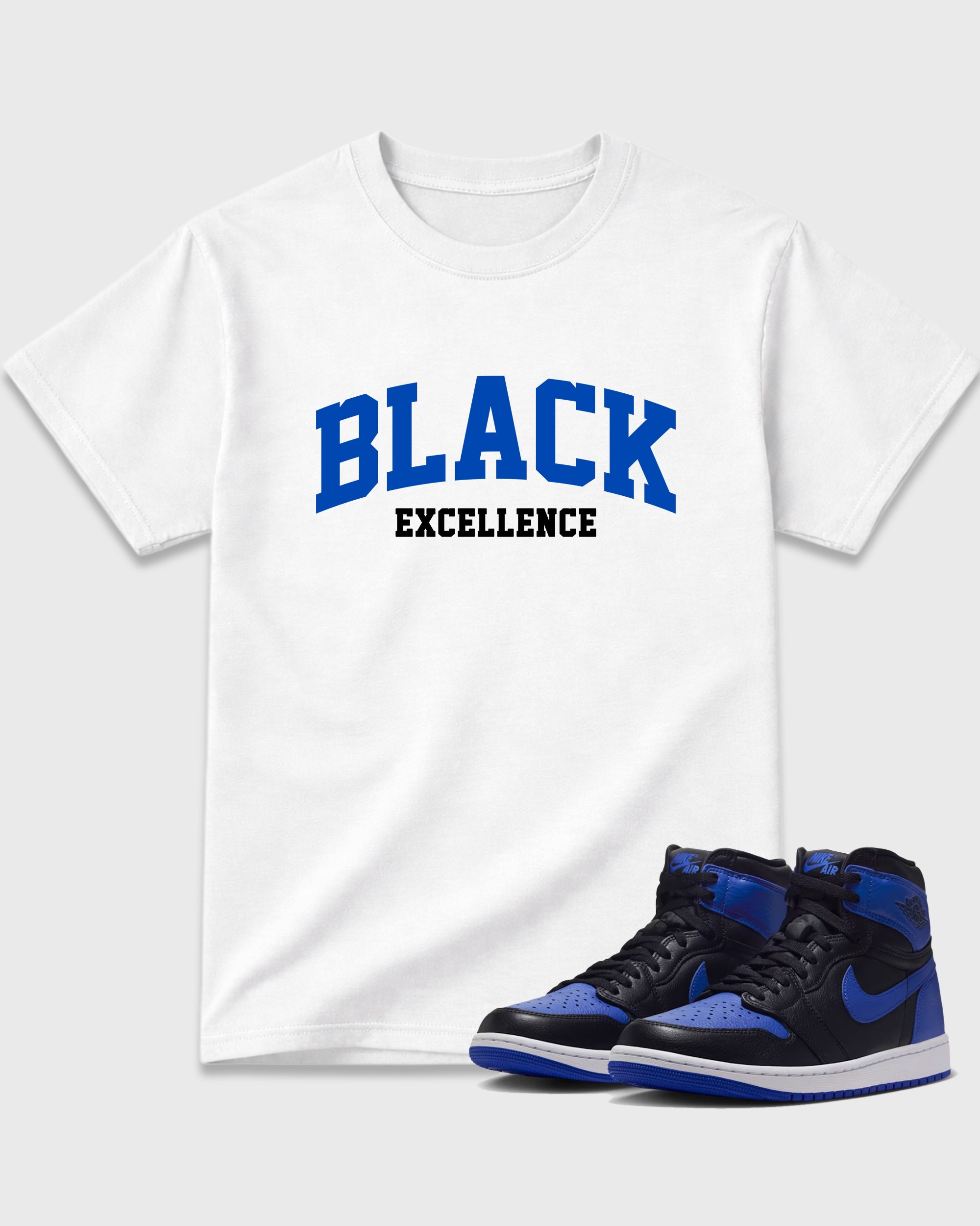 Varsity Black Excellence Graphic T-Shirt featuring original streetwear artwork designed to match the Air Jordan 1 Royal. White 1 Graphic T-Shirt.