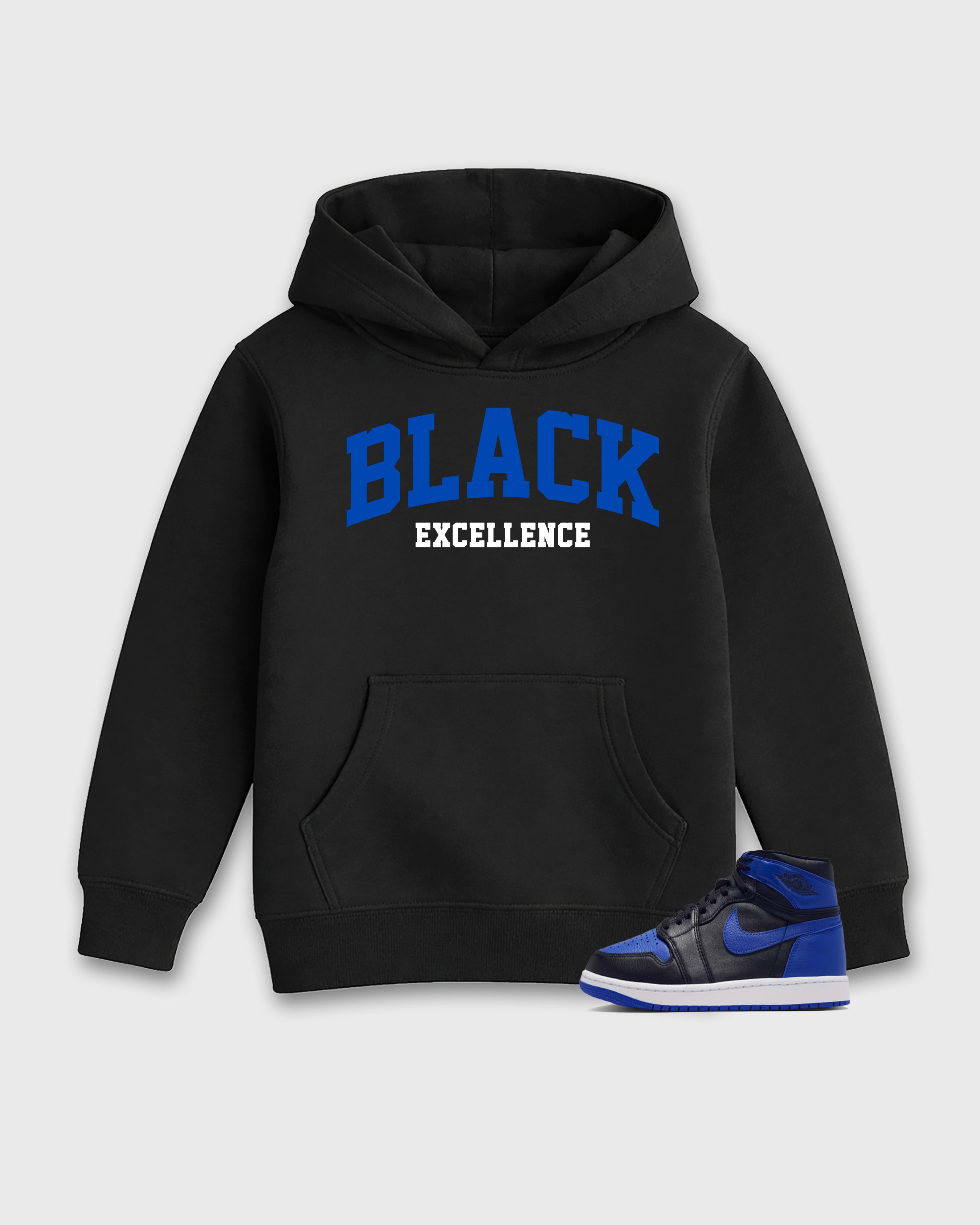 Varsity Black Excellence Baby & Kids Graphic Hoodie featuring original artwork designed to match the Air Jordan 1 Royal. Black 1 Kids Graphic Sweater.